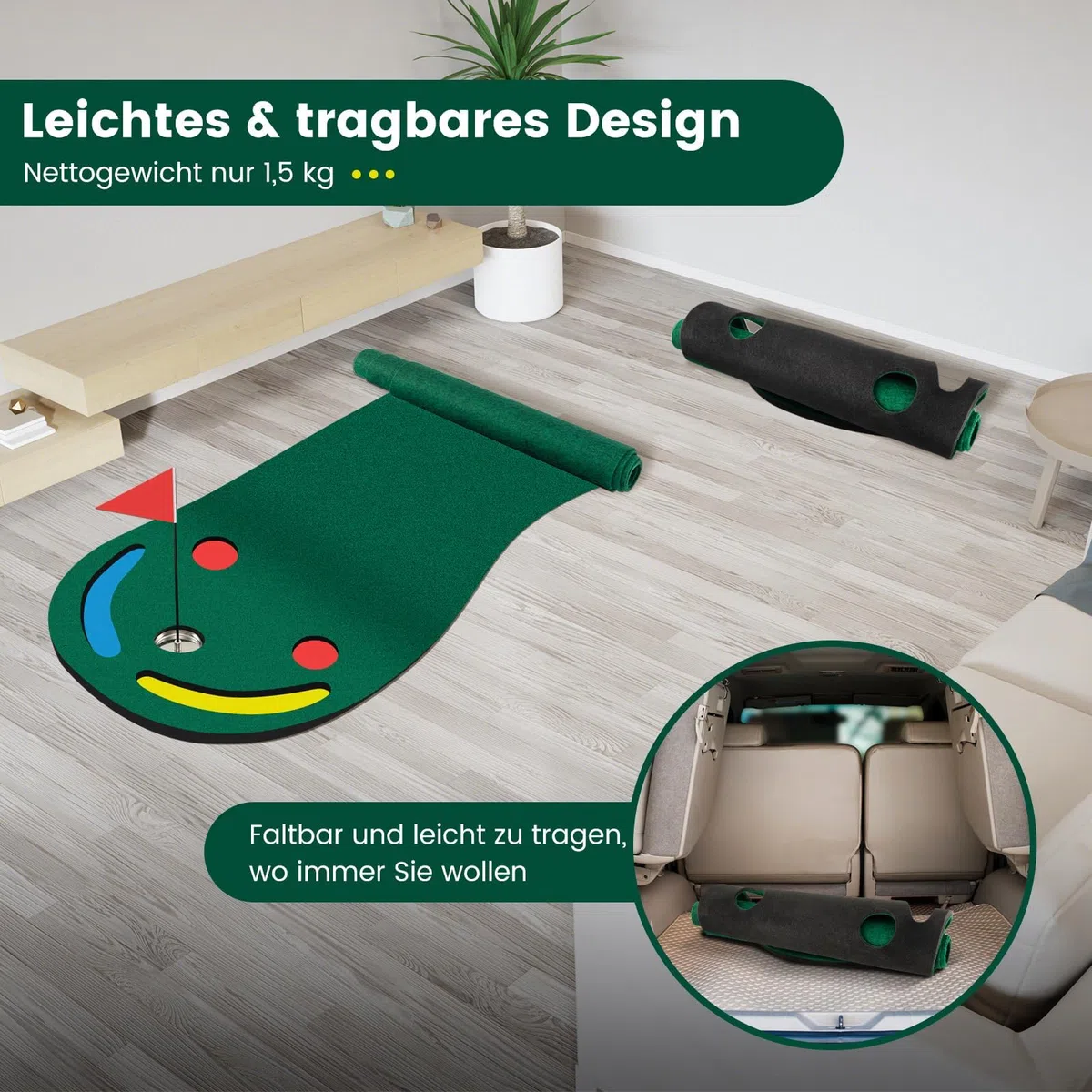 COSTWAY Mata do gry w golfa 300 x 96 cm, do użytku wewnątrz i na zewnątrz, składana mata golfowa z 3 miseczkami i 1 flagą, mata do ćwiczeń golfowych, mata treningowa do domu, biura
