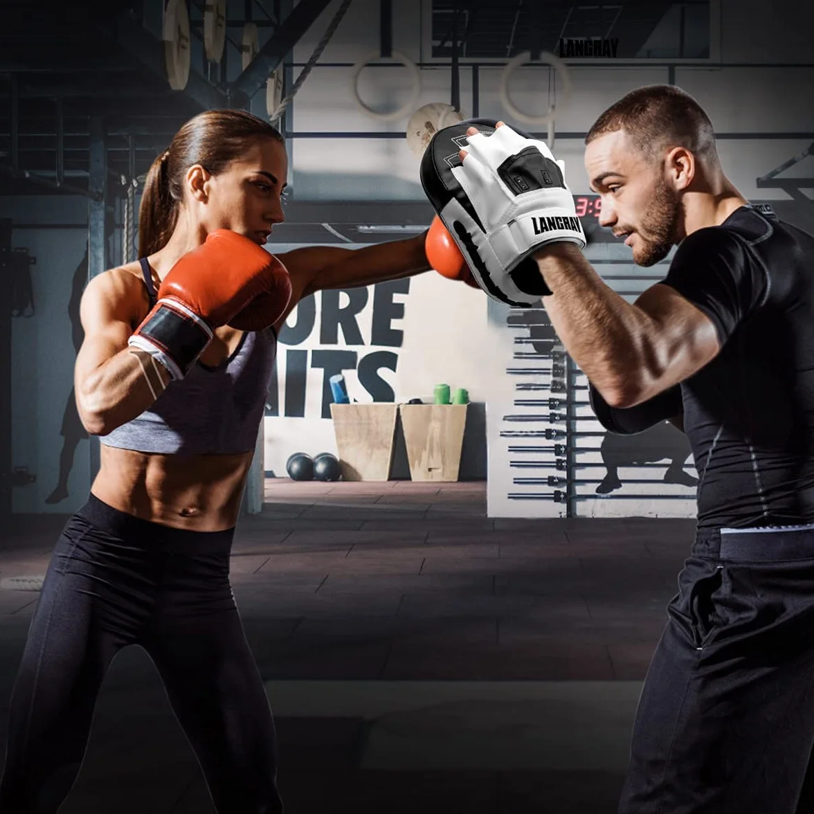 LangRay Rękawice bokserskie, zakrzywione rękawice bokserskie do kickboxingu, MMA, Muay Thai, czarno-białe