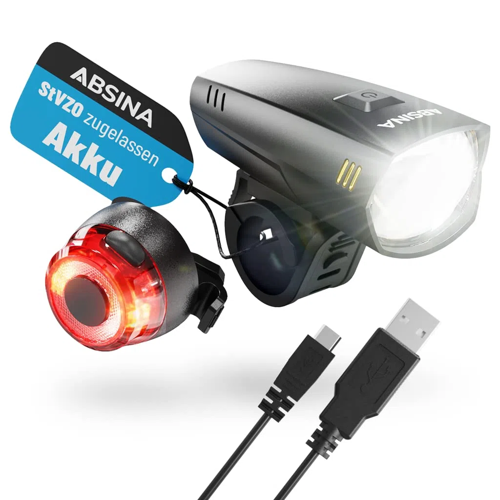 ABSINA Zestaw świateł rowerowych LED z akumulatorem – dopuszczone do ruchu drogowego o jasności 180 lumenów, zasięg 200 m, odporne na deszcz i ładowanie przez USB – oświetlenie rowerowe przednie i