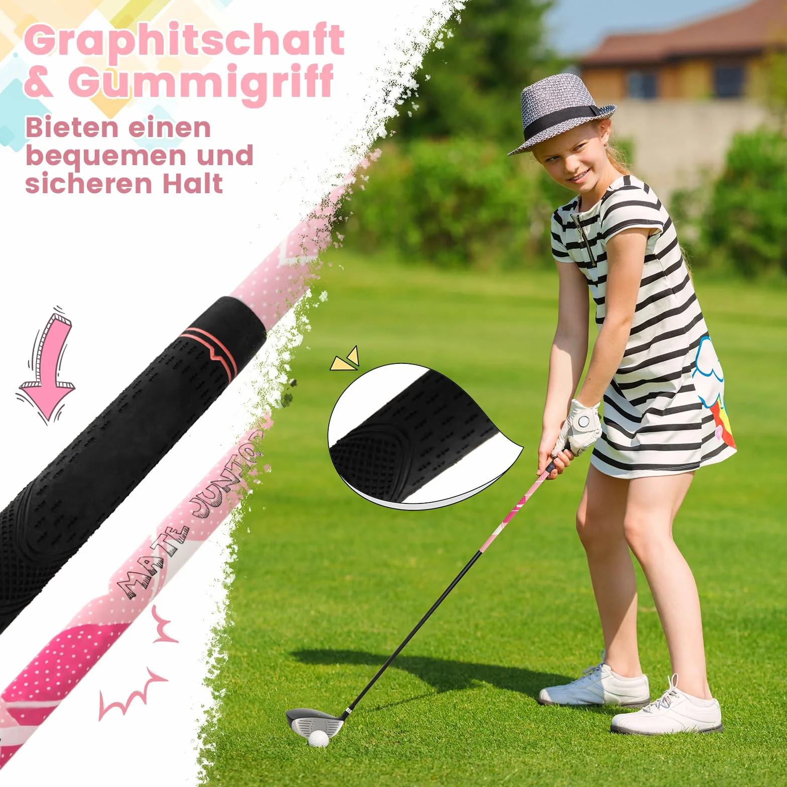 COSTWAY 6-częściowy zestaw kijów golfowych dla dzieci, zestaw kijów golfowych z torbą golfową i osłoną przeciwdeszczową, kompletny zestaw golfowy z żelazkiem 7/9/S, 1 Driver, 4 Hybrid i putter dla