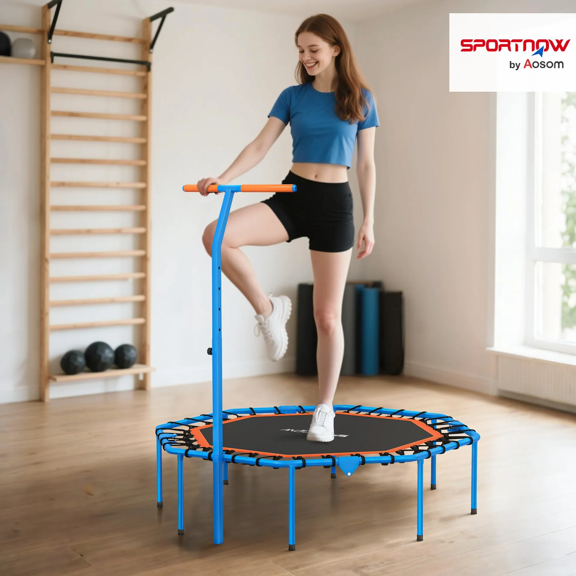 SPORTNOW Trampolina fitness, składana, Ø 128 cm, mini trampolina z 5-stopniową regulacją wysokości, cichą gumową linką, trampolina dla dorosłych, do użytku wewnątrz i na zewnątrz