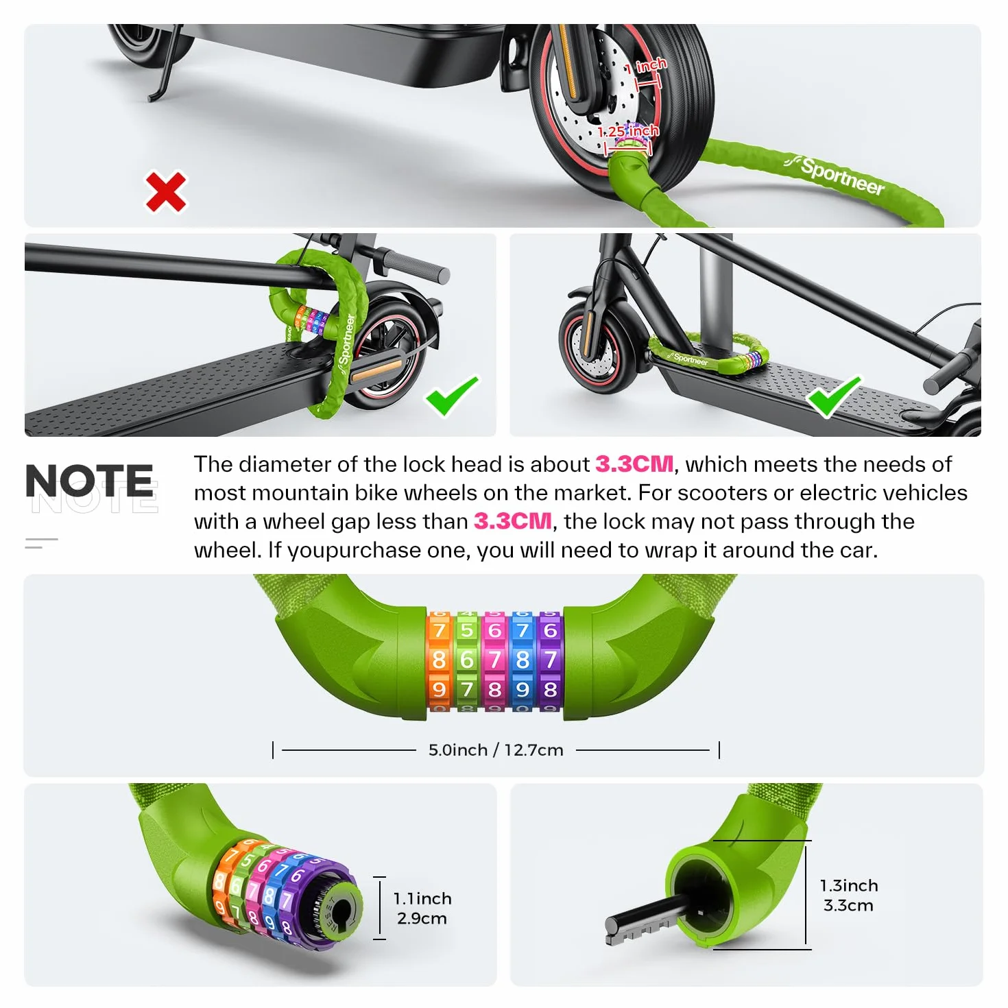 Sportneer Blokada rowerowa, zabezpieczenie łańcucha rowerowego, 5-cyfrowe, resetowalne, szyfrowe, antykradzieżowe, 7 mm x 975 mm
