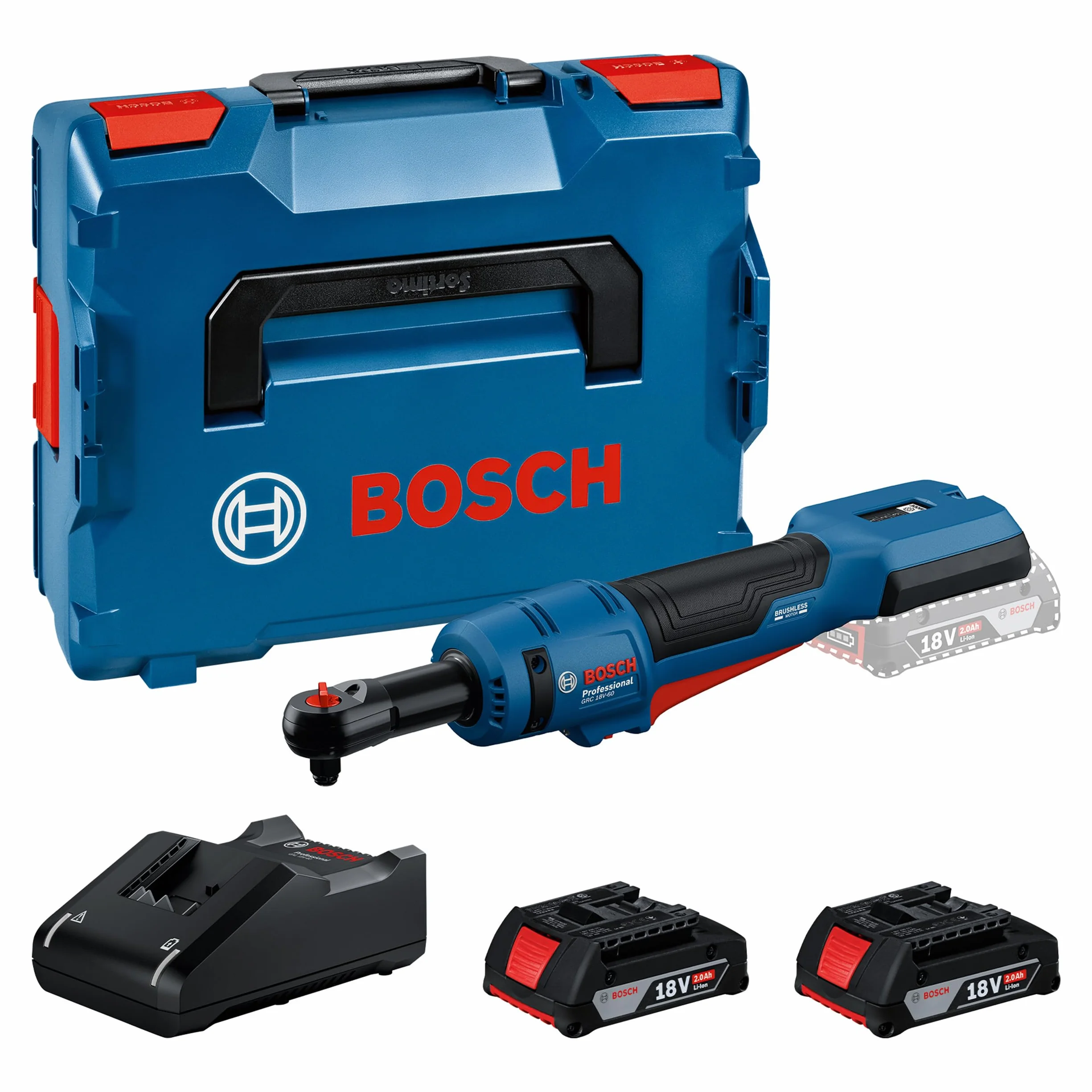 Bosch Professional GRC 18V-60 Akumulatorowy klucz grzechotkowy 18V System zestaw 2 akumulatory GBA 2,0 Ah ładowarka GAL 18V-40 L-BOXX