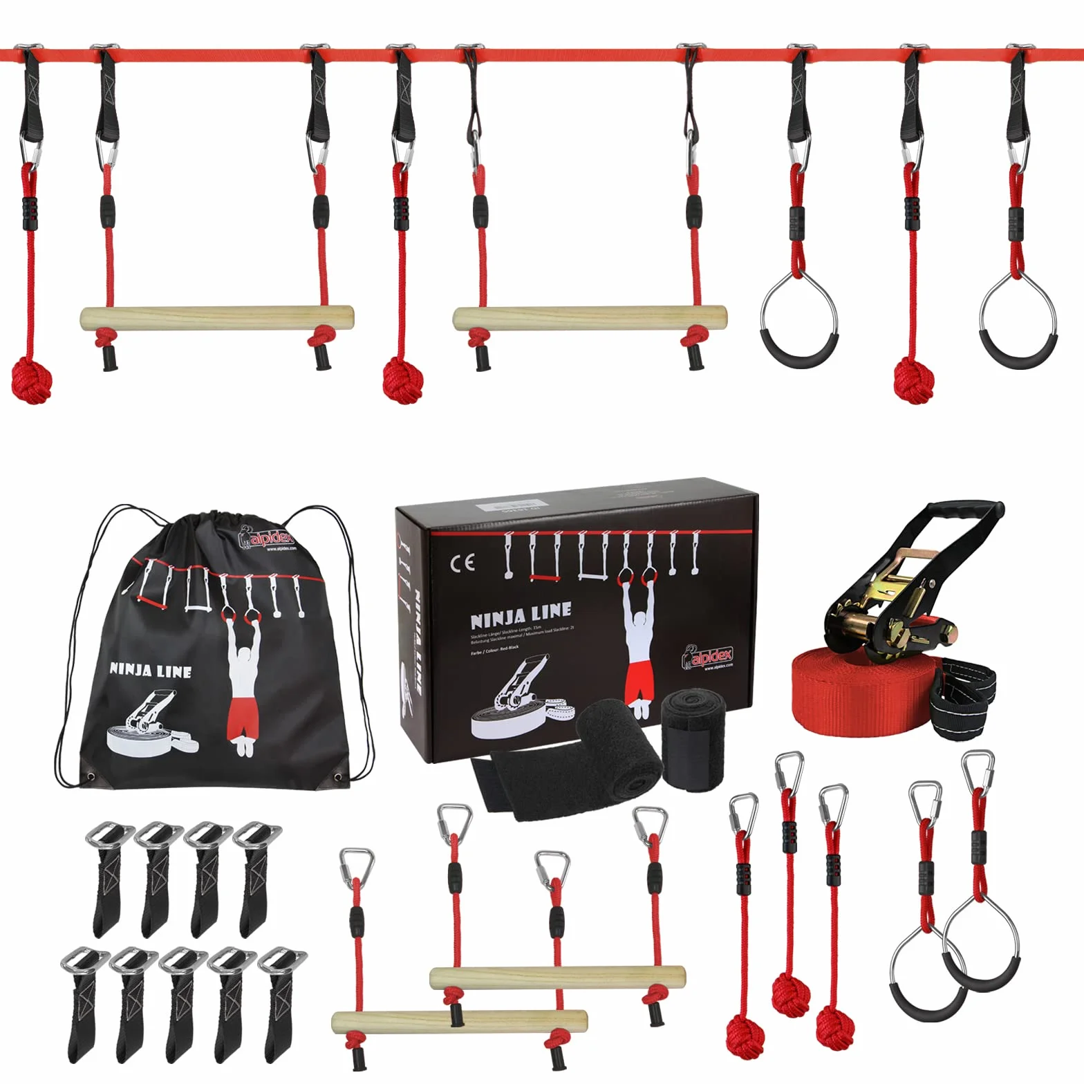 ALPIDEX Ninja Parcours 15 m Młodzież Dorośli Slackline Set Zestaw Węzłów