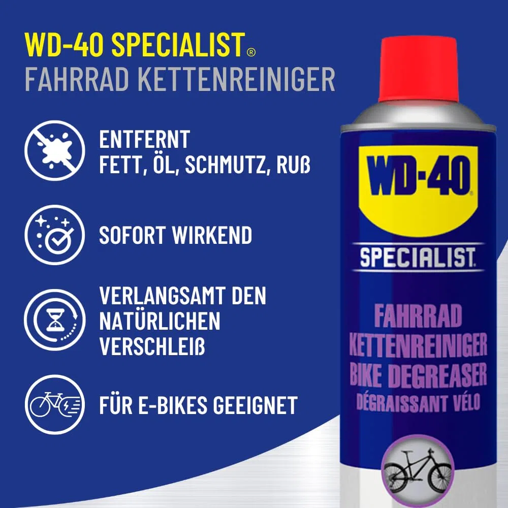 WD-40 Specialist Środek do czyszczenia łańcuchów rowerowych 500 ml – skuteczny środek do czyszczenia łańcuchów rowerowych do usuwania brudu, rdzy i osadów ze wszystkich typów rowerów, spowalnia