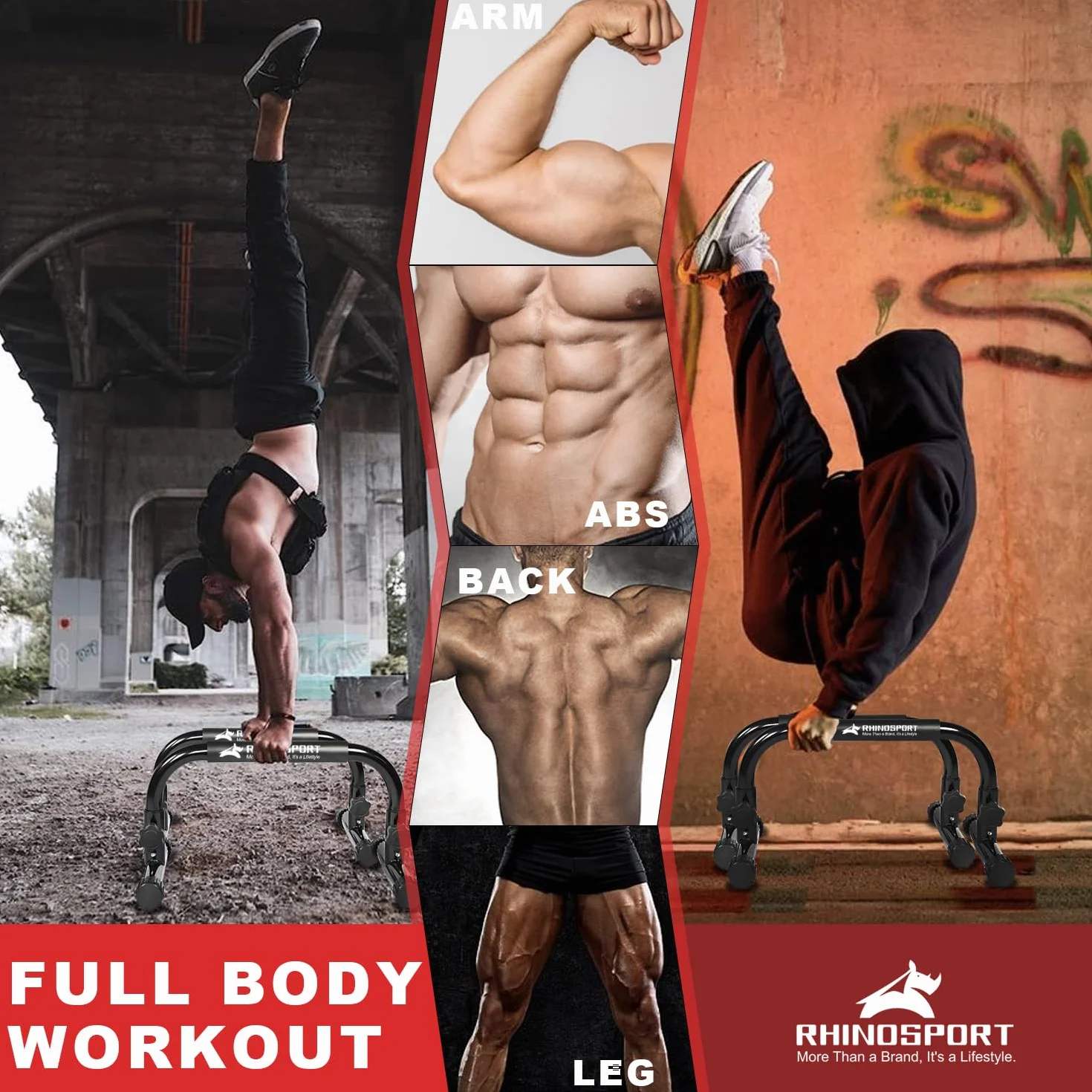 RHINOSPORT Drążki Parallettes do calisthenics pompki i pompki 25.9 cm wysokość 300 kg/661 funtów pojemność wagowa trening siłowy domowe treningi calisthenics sprzęt [50x25.9x25.9 cm] czerwony