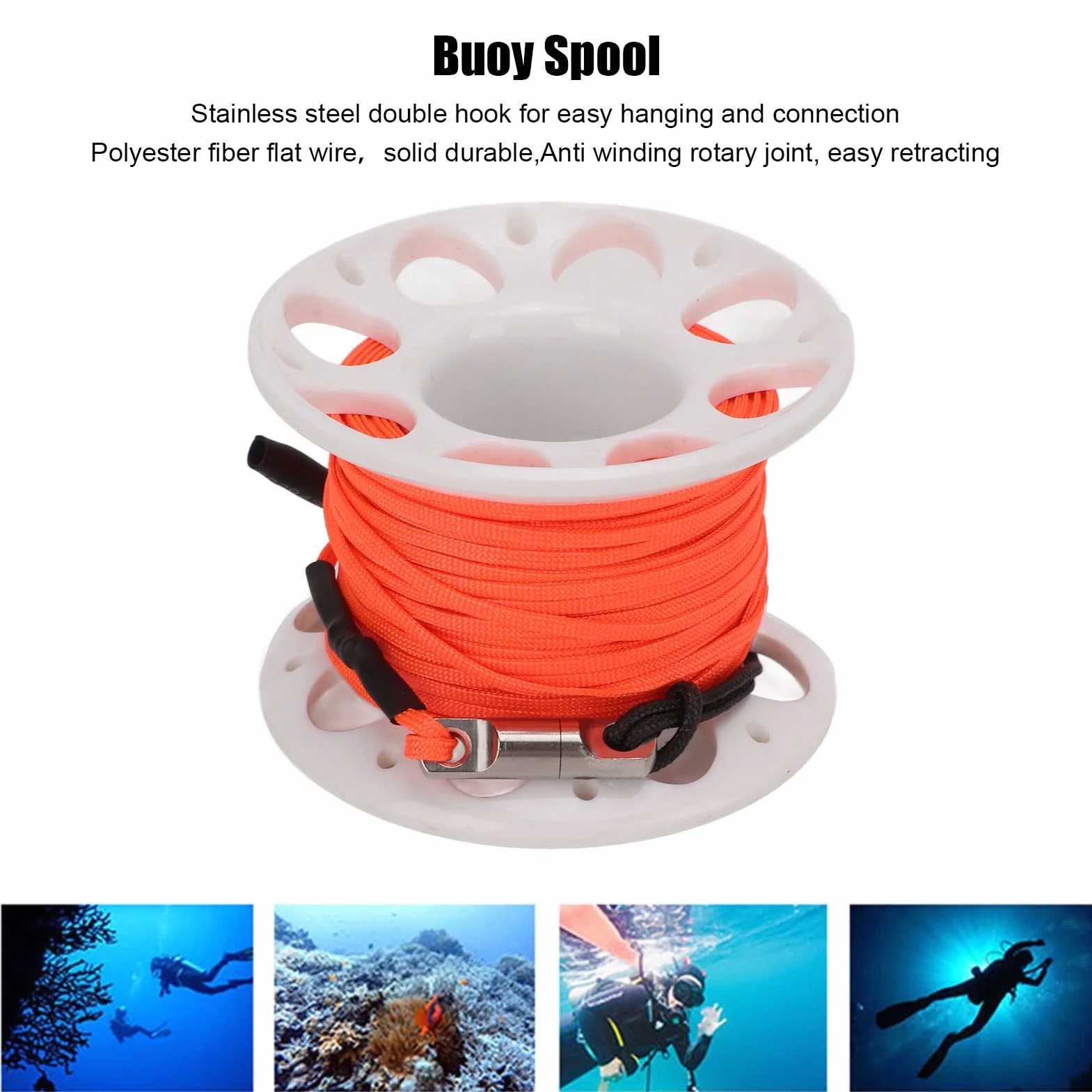 Szpula Palcowa, Plastikowa Szpula z podwójną śrubą zatrzaskową Pomarańczowa żyłka 15 M do Nurkowania