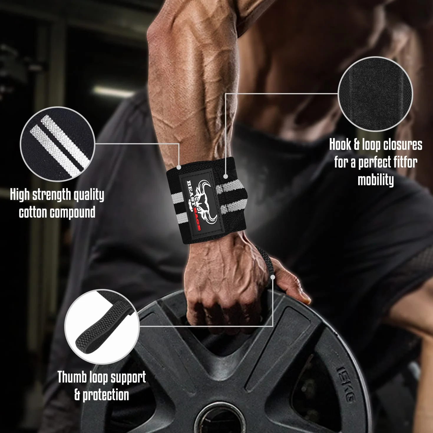 BEAST RAGE Opaski na nadgarstki do podnoszenia ciężarów, trening siłowy mięśni, trening fitness, rozciągliwy bawełniany pasek na kciuk (UP3, WHITE)