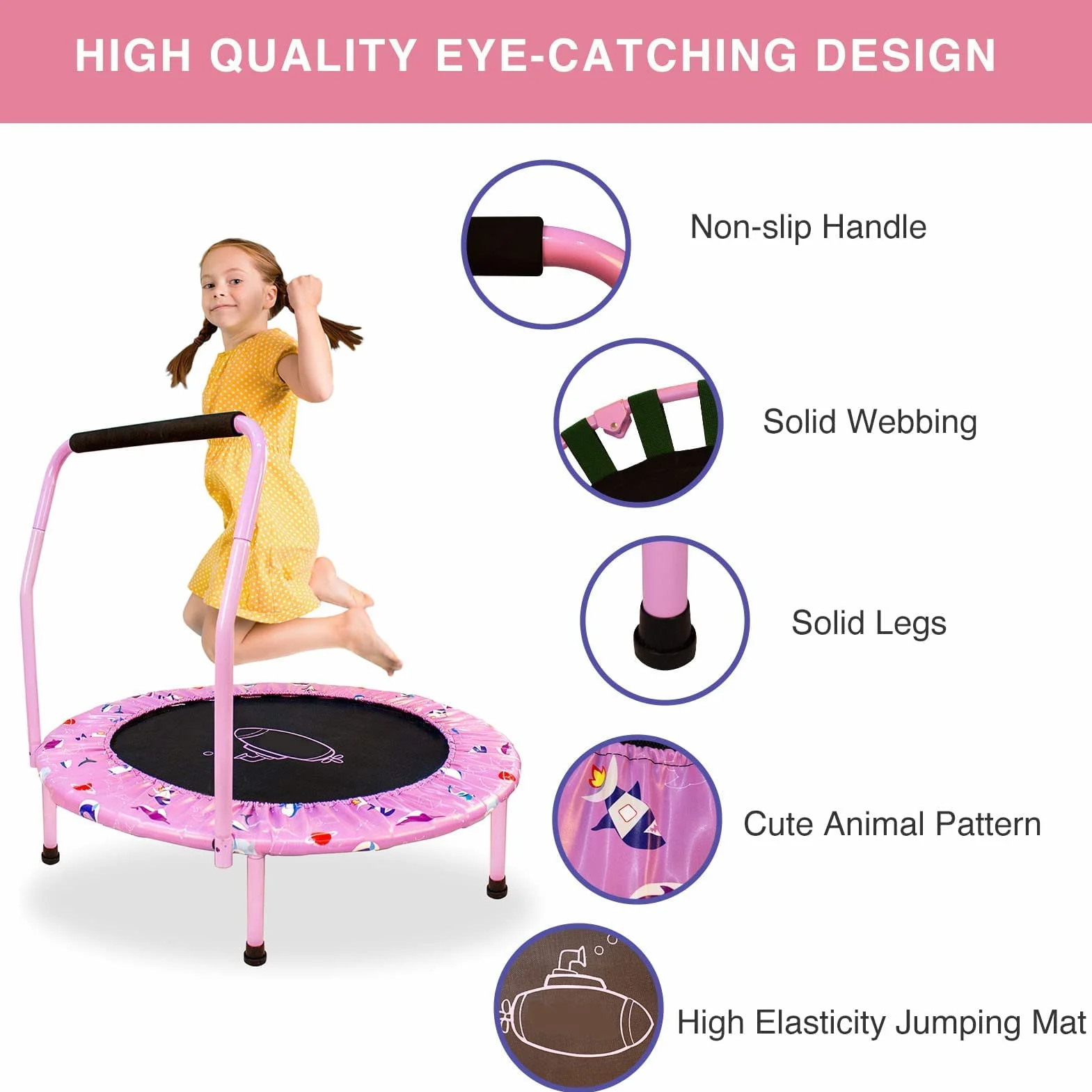 Trampolina dziecięca Ø 96 cm, do użytku wewnątrz i na zewnątrz, mini trampolina dziecięca z regulowanym uchwytem z pianki i wyściółką bezpieczeństwa, cicha trampolina fitness dla dzieci od 2 lat