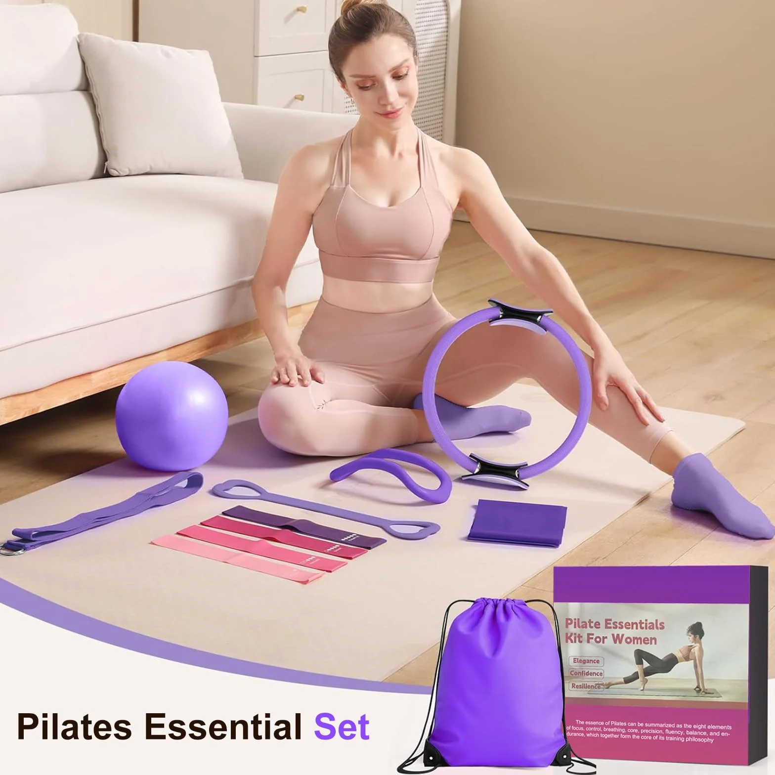 Zestaw do pilatesu 13-częściowy z piłką do jogi, paskiem, taśmami fitness, skarpetami, plakatem i torbą