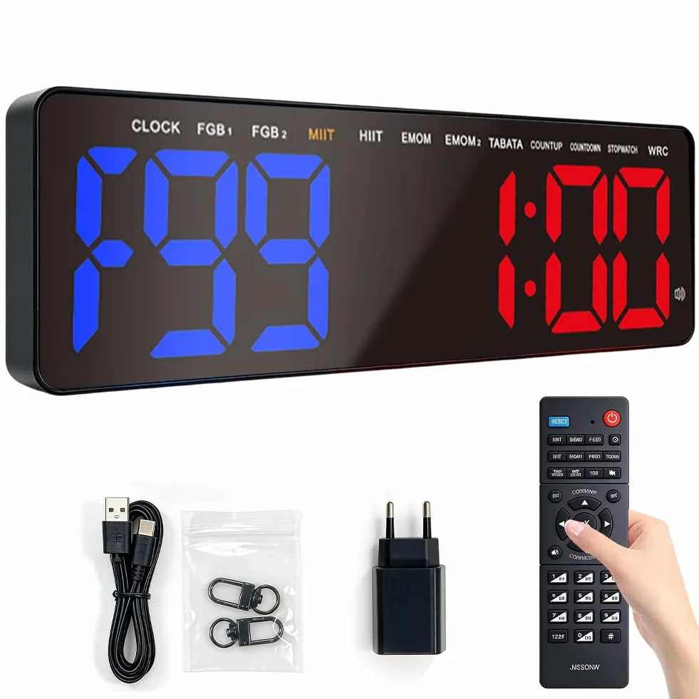 Siłownia timer, timer interwałowy z odliczaniem / up, stoper, duży, 16,5" LED, cyfrowy zegar ścienny do treningu fitness, HIIT, Tabata, domu, garażu