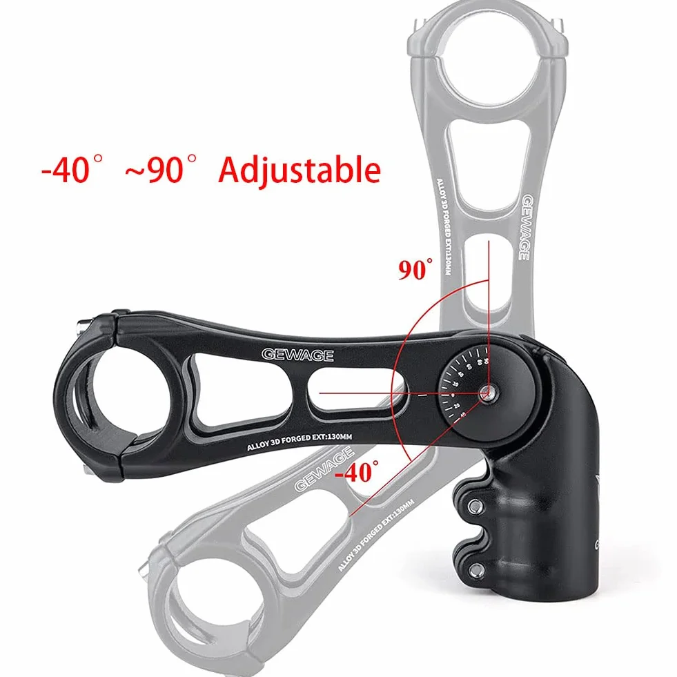 GEWAGE Regulowany Wspornik Kierownicy MTB/Szosowy/BMX – Podniesienie Kierownicy -130° do +90°, 75/95/130 mm, 31,8 mm, Aluminium 3D – Sportowa lub komfortowa jazda (825D-130)