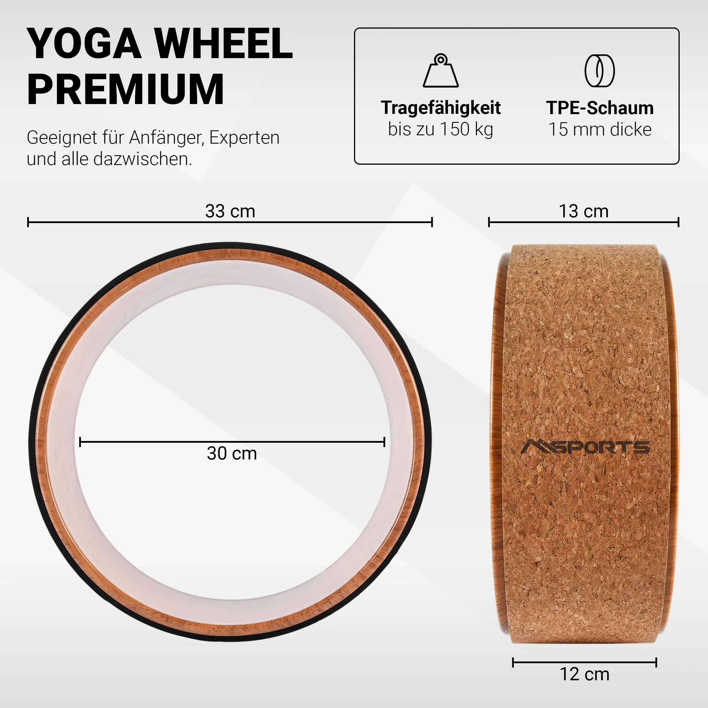MSPORTS Yoga Wheel – Premium – narzędzie do ćwiczeń jogi | koło do jogi (drewno – kork)