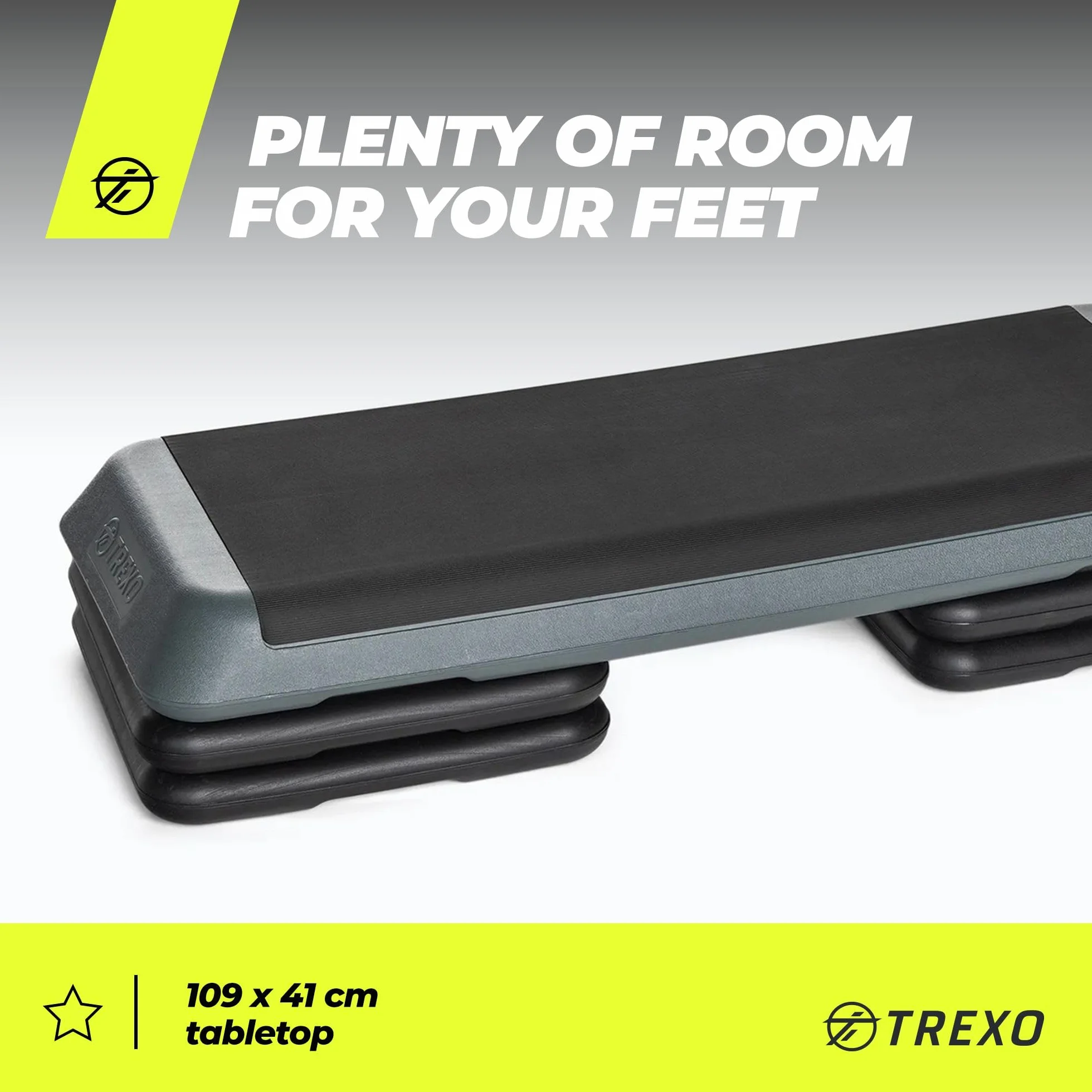 TREXO Step do Aerobiku 109 x 41 cm | Regulacja Wysokości 10-15-20 cm, Wytrzymały Materiał | Platforma do Ćwiczeń Cardio i Fitness do 250 kg | Szary | TRX-AS01