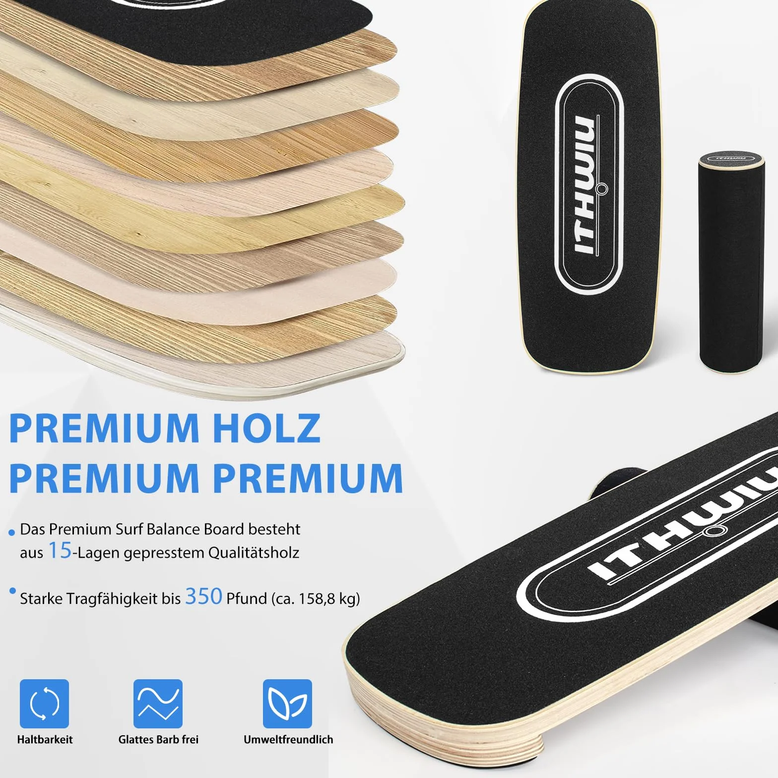 OUUTMEE Balance Board Roller drewniana deska treningowa, deska treningowa, antypoślizgowa powierzchnia, kontrola ciała, czarna