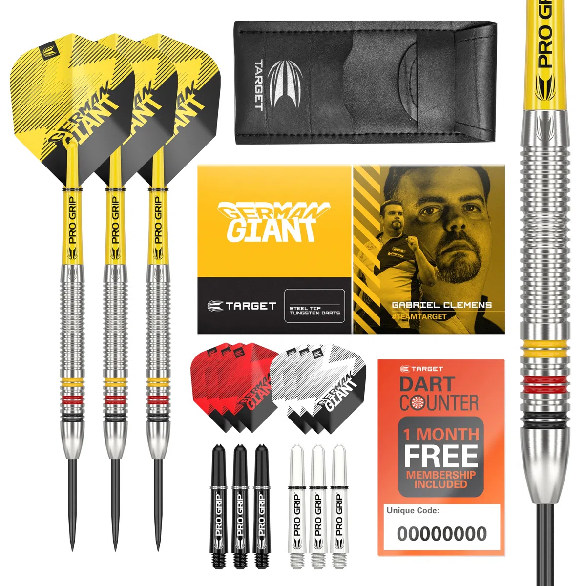 Target Darts Gabriel Clemens zestaw rzutek 22G/23G/24G ze stali wolframowej – 9 wałków Pro Grip – 9 Pro Ultra Flights – portfel do rzutek