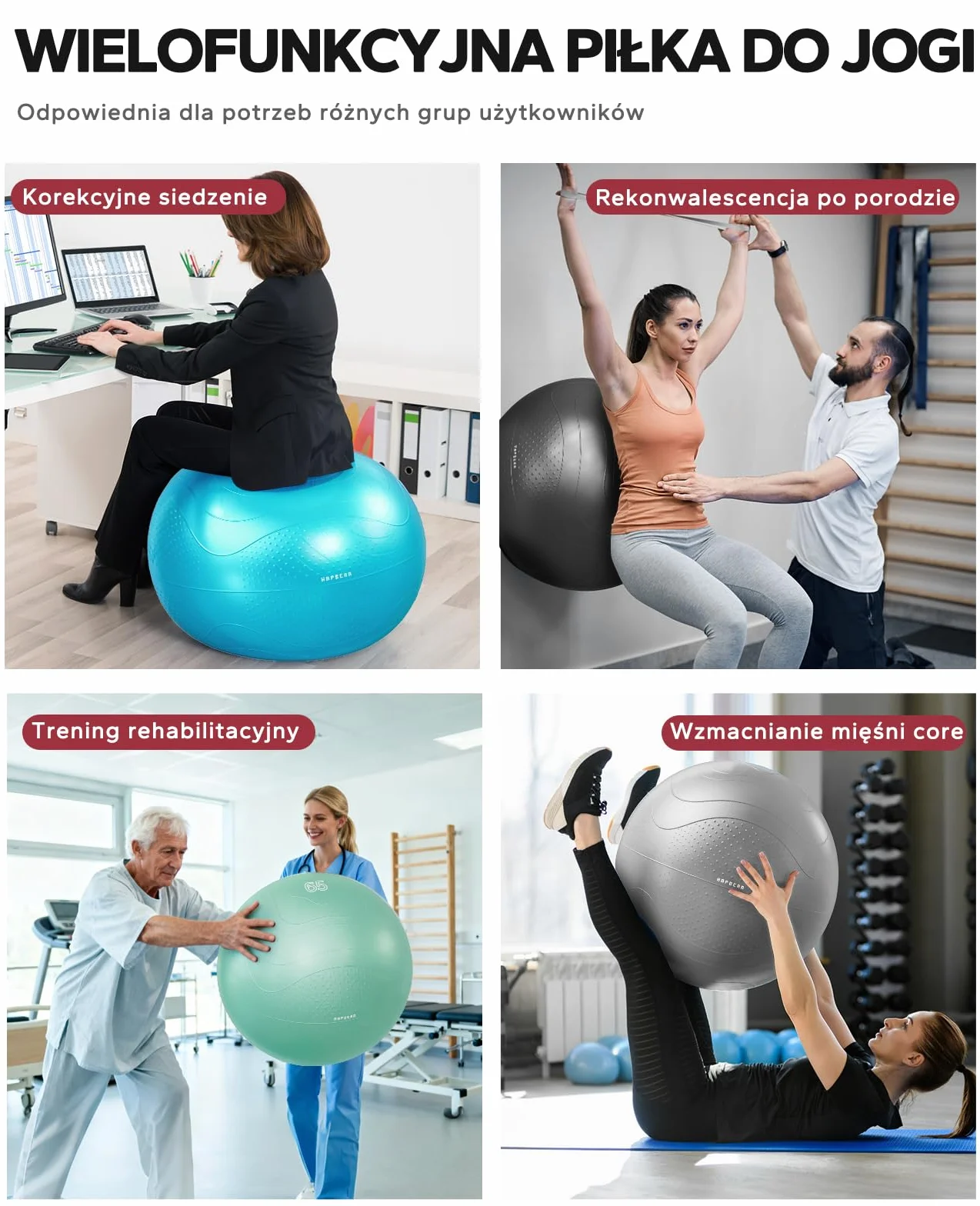 HAPBEAR Piłka Gimnastyczna 55/65/75 cm Antywybuchowa Piłka Fitness do Ćwiczeń Jogi i Pilatesu