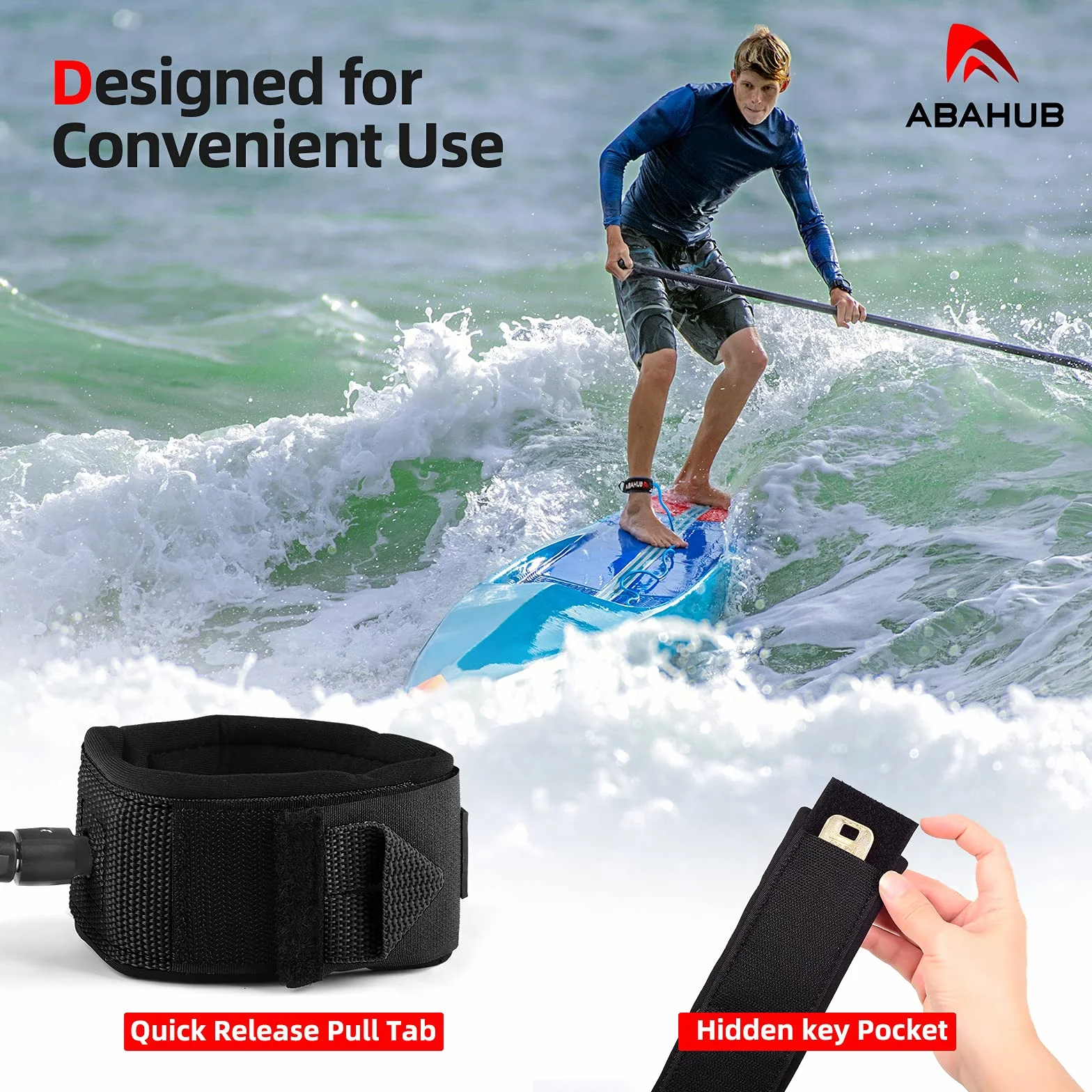 Abahub Wysokiej jakości zwijana smycz SUP, stand up Paddleboard Legrope, 3 m, czarna, grubość 7 mm, do deski surfingowej, deskorolki Boogie