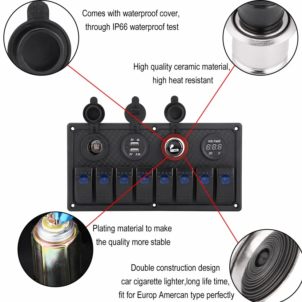 KIMISS 8-gangowy panel przełączników LED 12V/24V z woltomierzem, dual USB i gniazdem zapalniczki