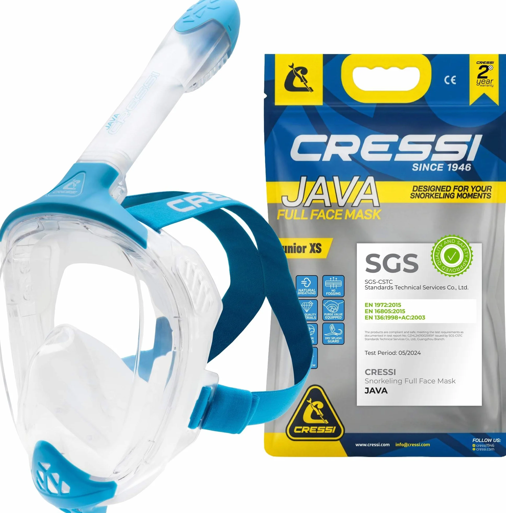 CRESSI Java Full Face Mask - Full Face Snorkel Mask, Ultra Clear Anti Fog Lens, 100% Silicone, Snorkel Dry with Safety Valves