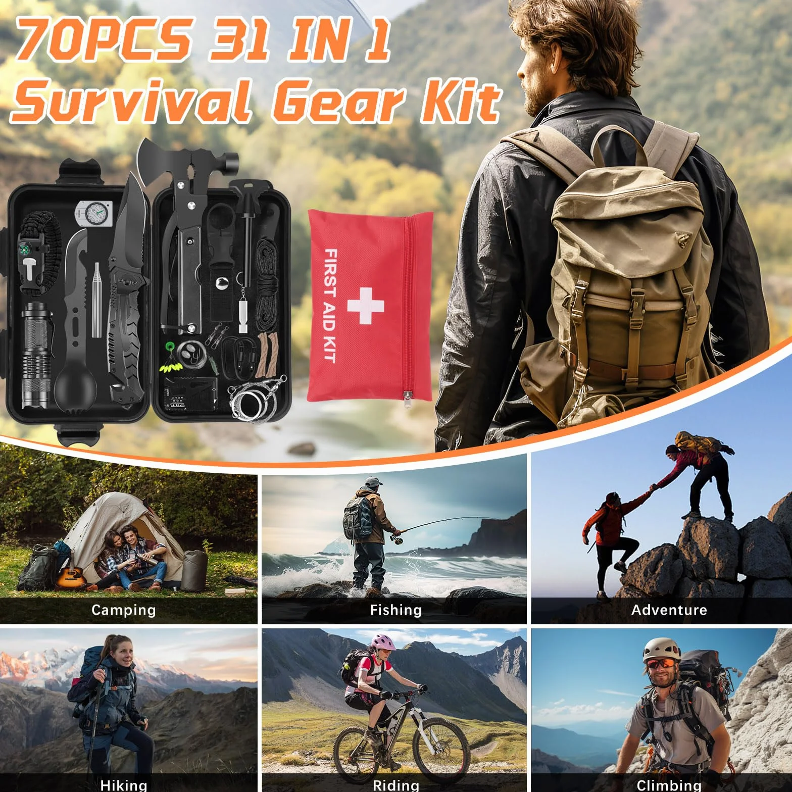 Zestaw survivalowy do użytku na zewnątrz, 70 w 1, profesjonalny zestaw awaryjny do użytku na świeżym powietrzu, w domu, zestaw noży klasy premium, wyposażenie survivalowe, na kemping, do bushcraftu