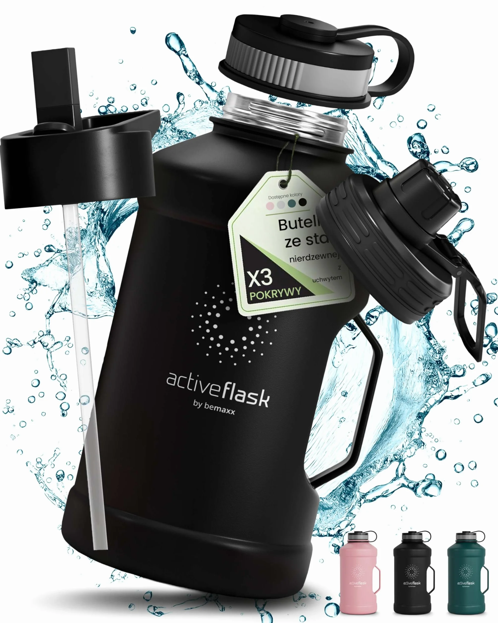 Butelka do picia ze stali nierdzewnej ACTIVE FLASK + Słomka (3 pokrywy) | Duża 1,3/2,2 Litrowa Sportowa bez BPA Nieprzeciekająca, 2l XL Sport Fitness Siłownia trening szczelna