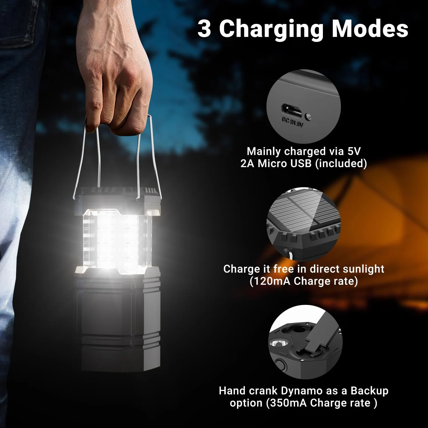 Lampa kempingowa LED solarna 3000 mAh składana wisząca z korbą ręczną i latarką awaryjna