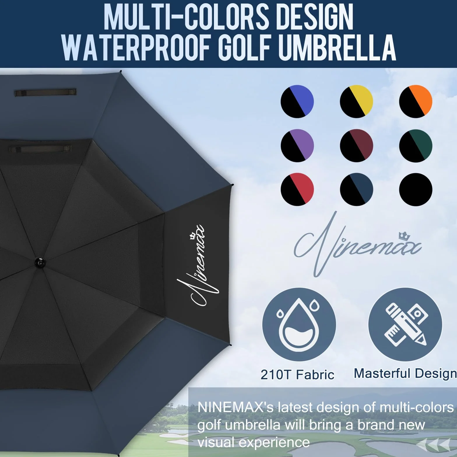 NINEMAX Parasol Golfowy 62 cali Wiatroszczelny Wodoszczelny Podwójny Baldachim Czarny Ciemnoniebieski