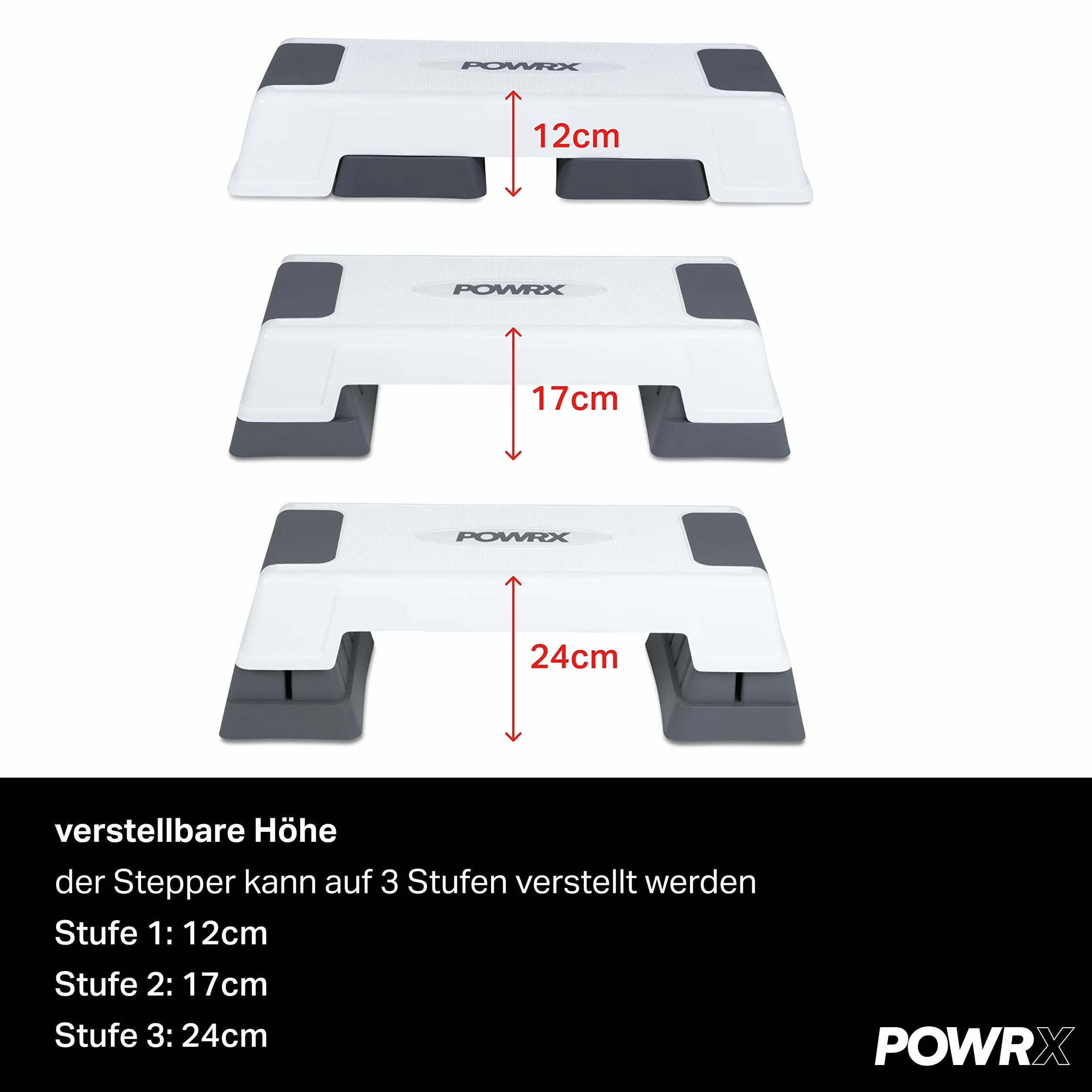 POWRX Aerobic Stepper 12/17/24 cm 3 Stopnie Biały Regulacja Wysokości Antypoślizgowy Step Domowy