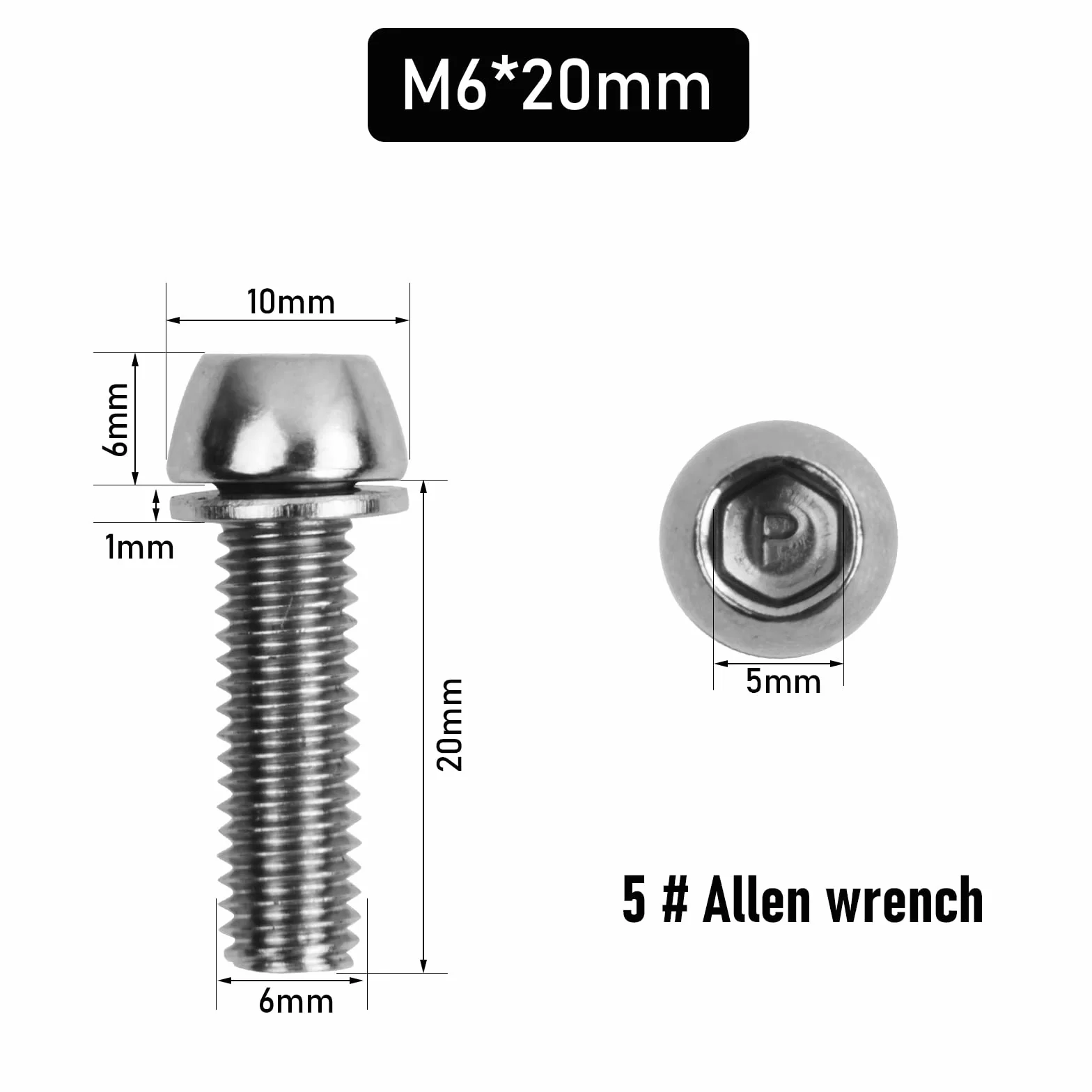 Śruby stożkowe do mostka rowerowego M6 x 20 mm, kolor srebrny, śruby