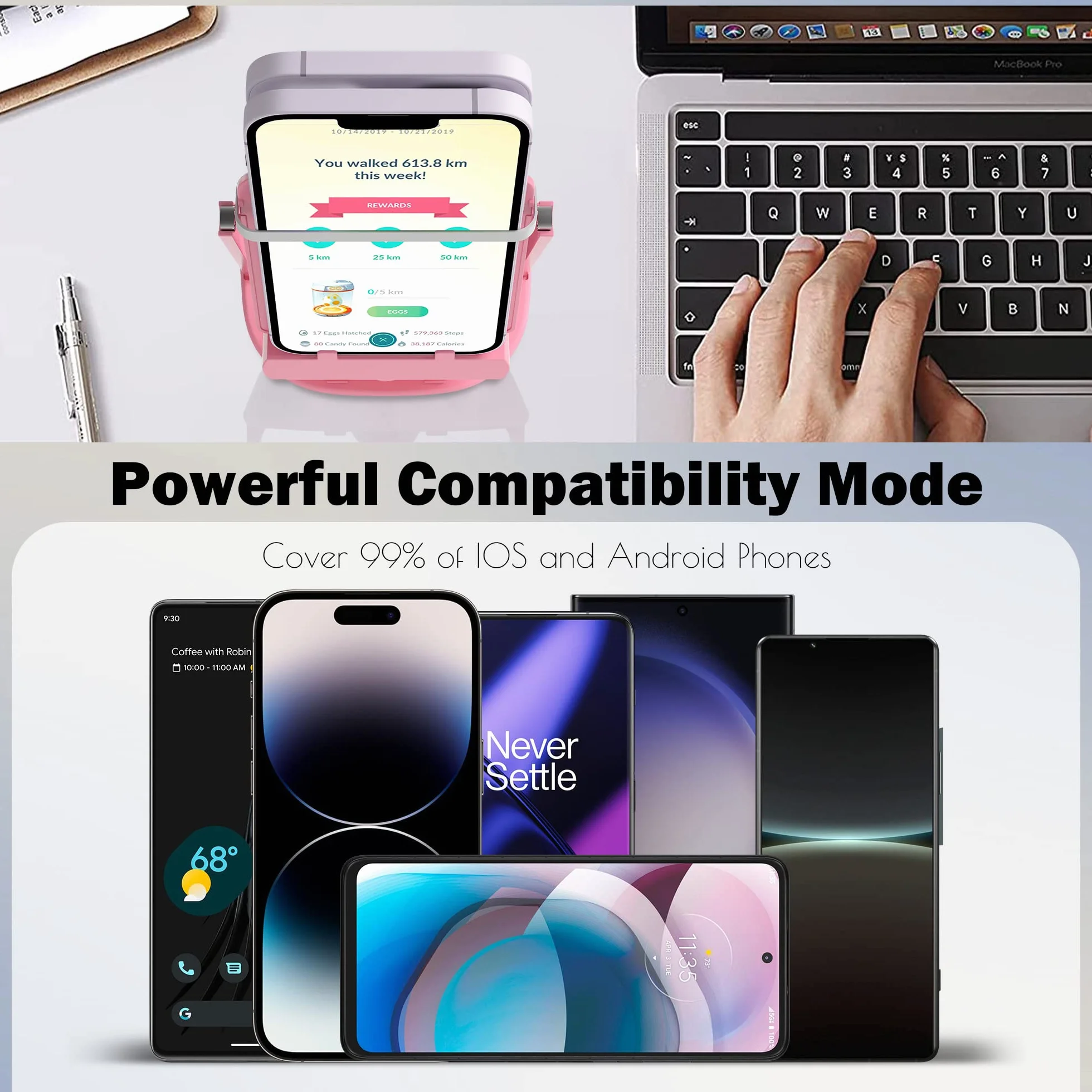 NEWZEROL Telefon komórkowy Swing Steps Counter krokomierz do telefonu komórkowego, [kabel USB] [łatwa instalacja] [wyciszenie] [obsługa 2 telefonów] – różowy