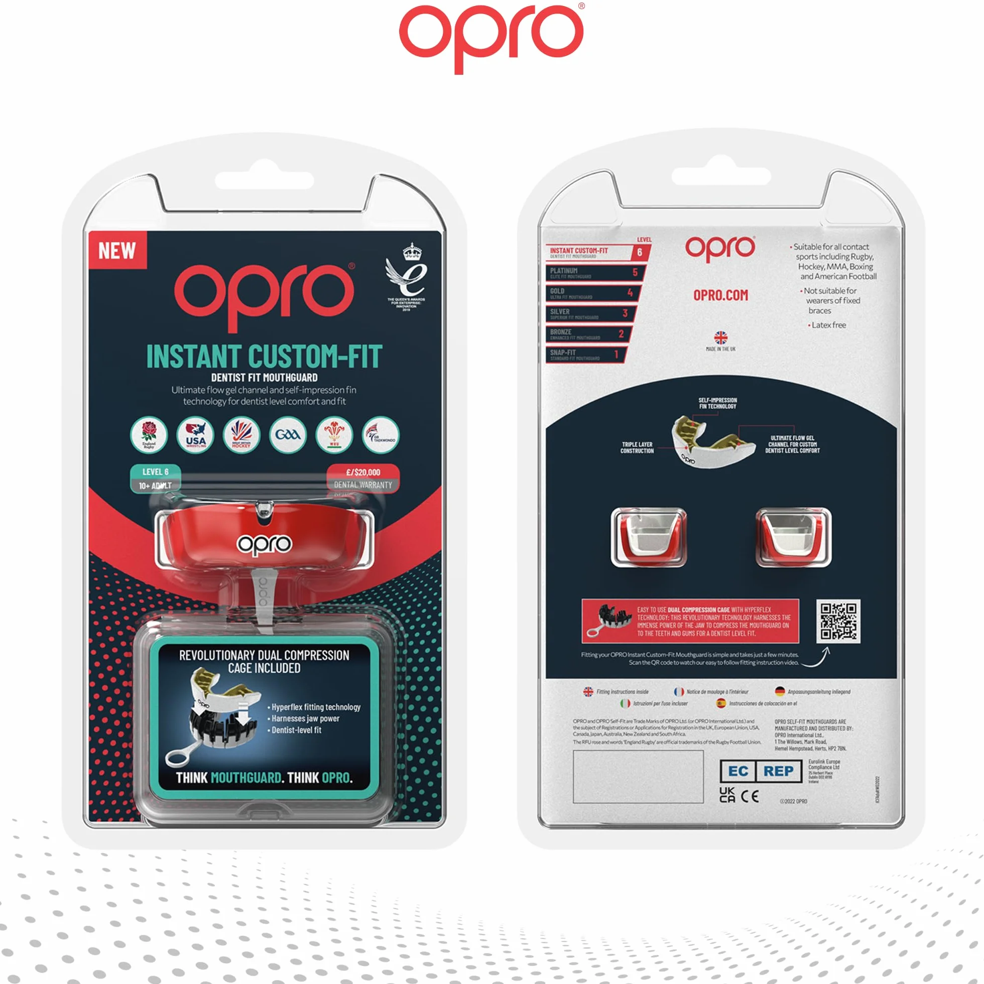 OPRO Natychmiastowa osłona na zęby dla dentysty, rewolucyjna technologia dopasowania dla najwyższego komfortu, ochrony i dopasowania, osłona dziąseł do rugby, boksu, hokeja, MMA (czerwona, dla