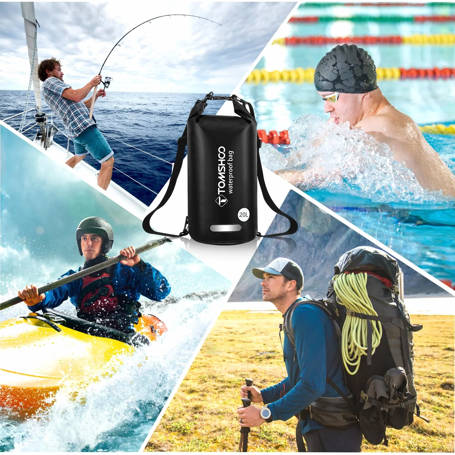 TOMSHOO Dry Bag Set, Wodoodporny Plecak 10L/20L z Wodoodpornym Pokrowcem i Kieszeń na Telefon Komórkowy, Regulowany Pasek na Ramię, Wodoodporny Plecak na Spływy Kajakowe, 20L, Czarny