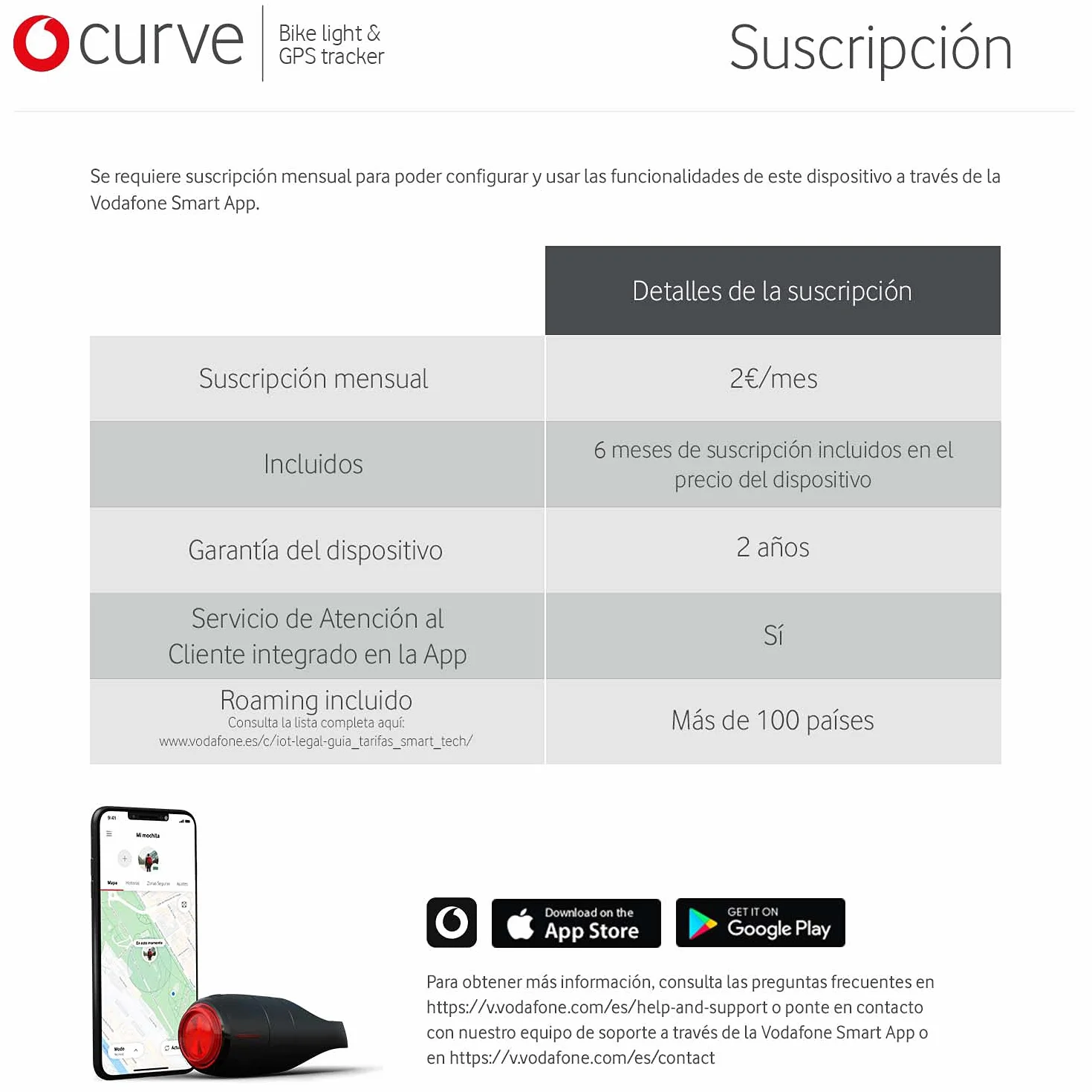 Vodafone Inteligentne tylne światło rowerowe, Curve Bike LightGPS Tracker - światło hamowania z lokalizatorem GPS, wykrywanie uderzeń i alarm bezpieczeństwa zawiera subskrypcję 6 miesięcy, czarny
