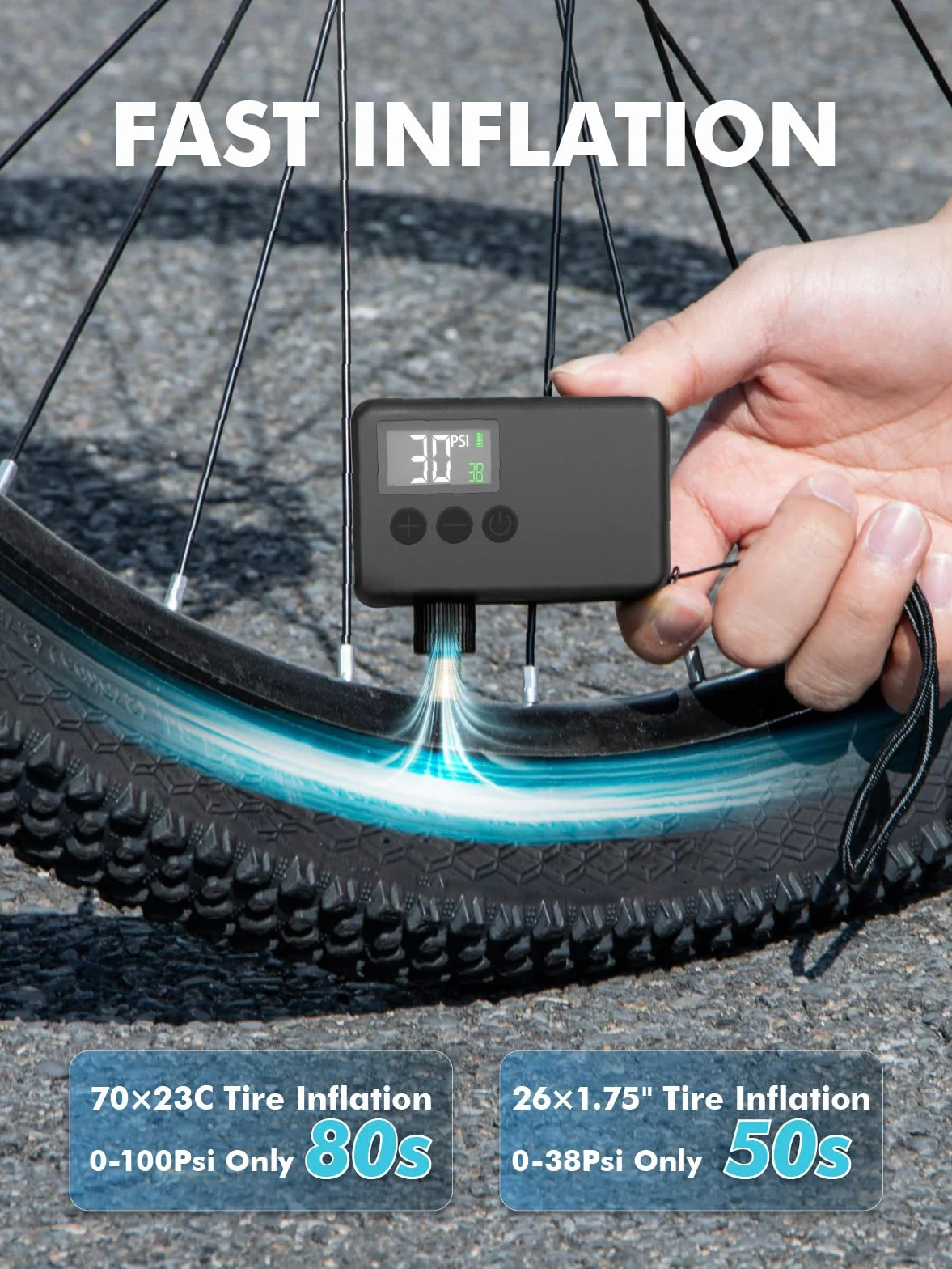 GPUTEK Elektryczna pompka rowerowa, akcesoria rowerowe, 120 psi, bezprzewodowa pompka rowerowa z manometrem, automatyczne wyłączanie i światło LED, do rowerów elektrycznych, rowerów górskich