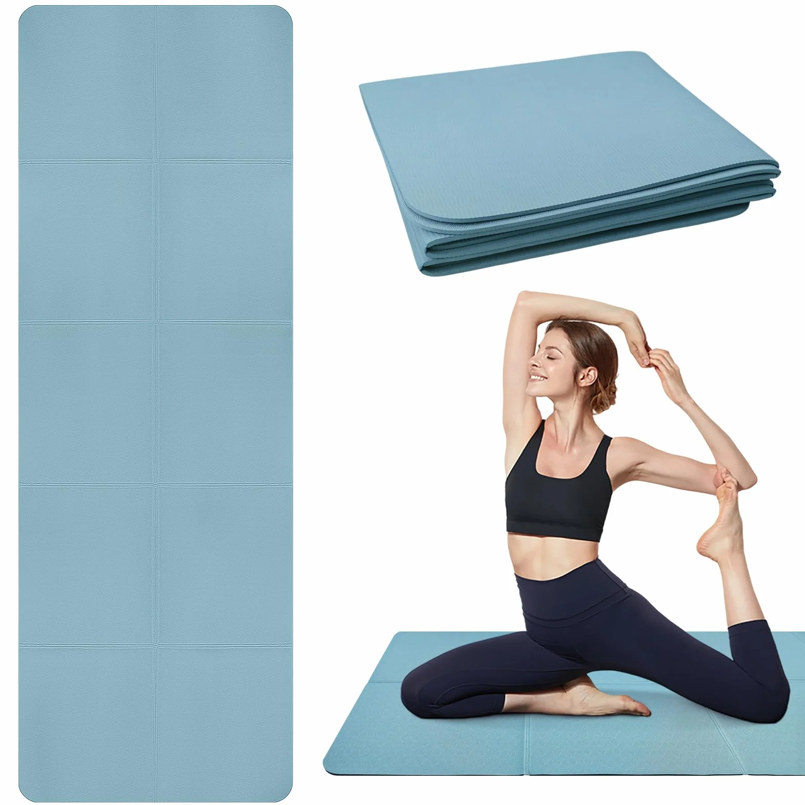 Składana przenośna mata do jogi TPE antypoślizgowa mata fitness do treningu 183×61×0,5 cm, mata podróżna gimnastyczna pilatesu do jogi,gimnastyki,treningu i podróży,dla kobiet i mężczyzn