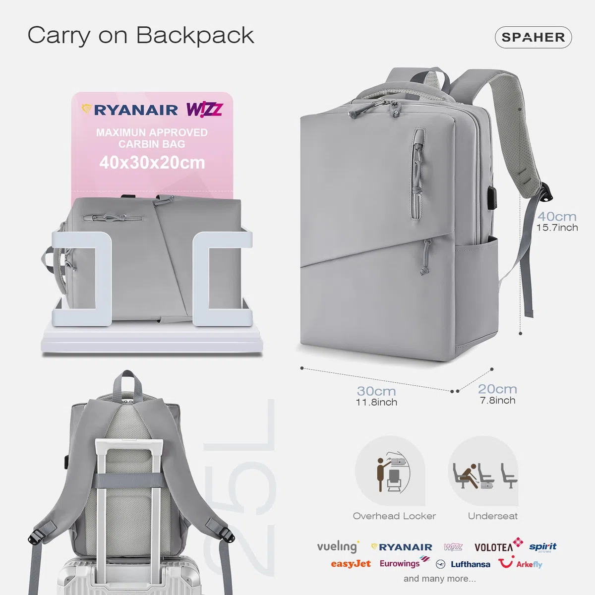 SPAHER 25L Plecak Podróżny 40x30x20cm Wizzair Vueling Plecak na Laptopa 15,6 Calowy Pracy Szkoły Podróży Wodoodporny Plecak Cabin Bag Mężczyzn Kobiet Antykradzieżowy Nastolatków