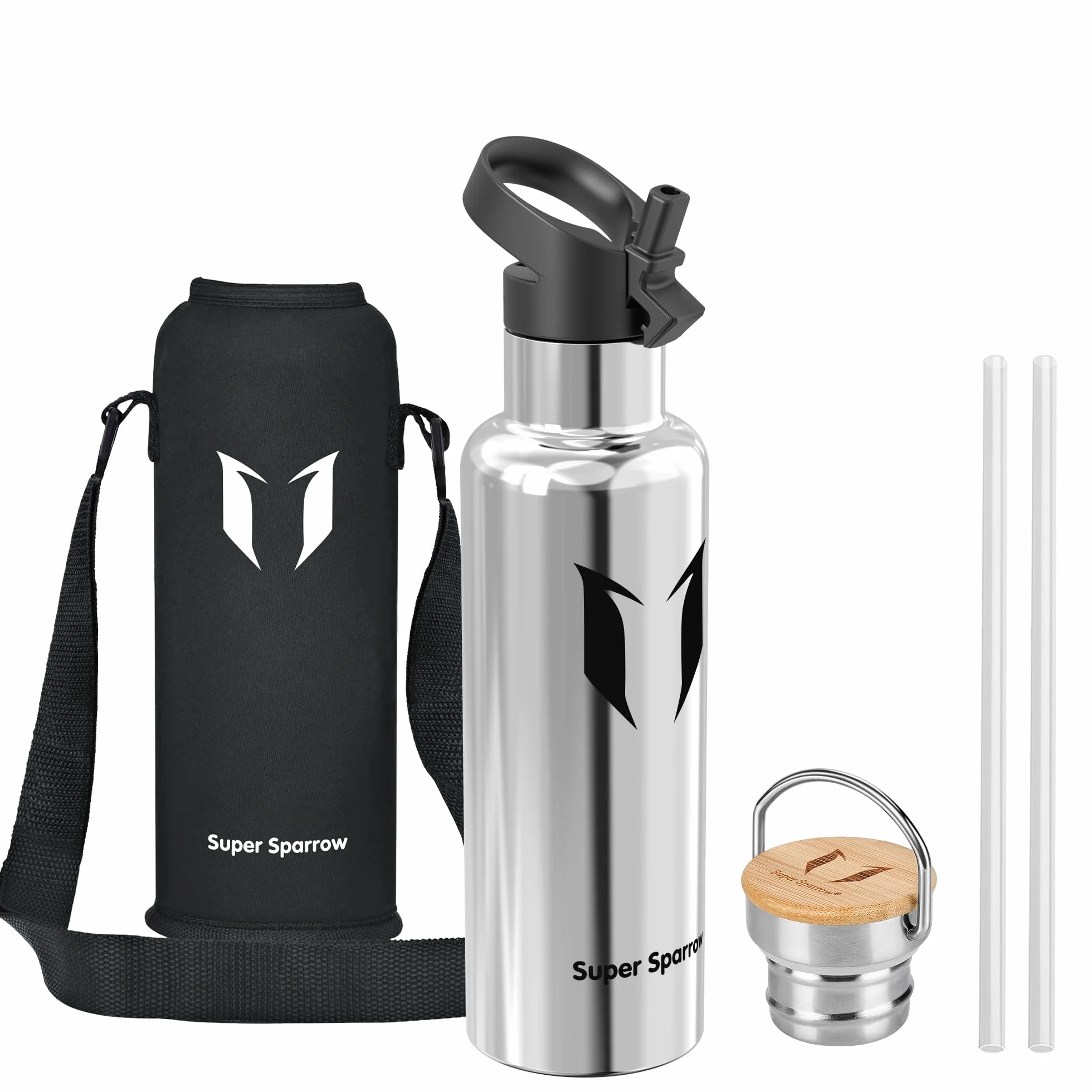 Super Sparrow Butelka na wodę ze stali nierdzewnej - 350 ml / 500 ml / 620 ml / 750 ml / 1L - Izolowana próżniowo metalowa butelka na wodę - Kolba bez BPA ze słomką do pracy, siłowni, podróży, sportu