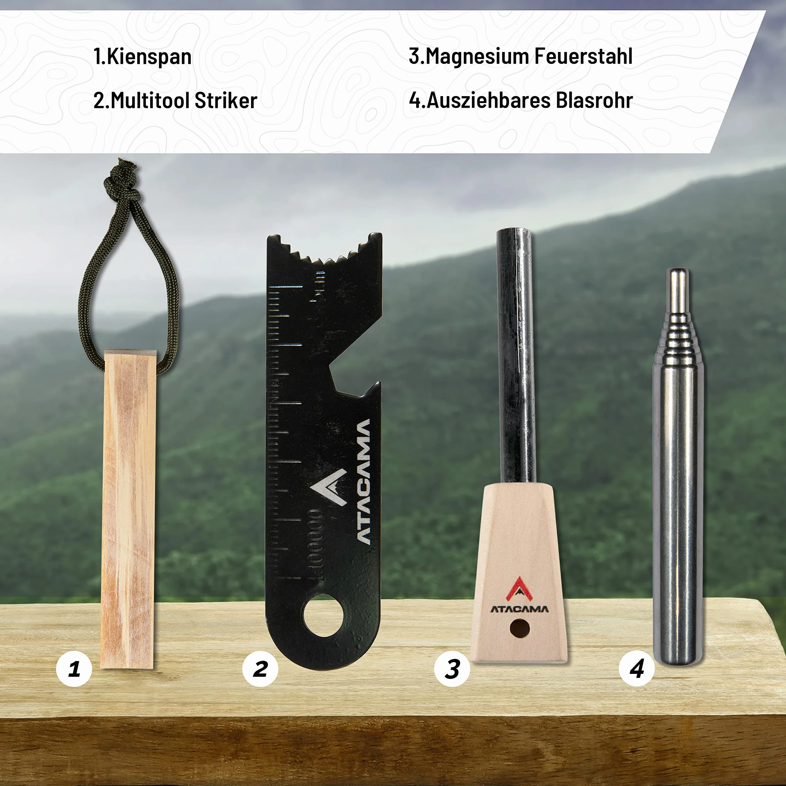 Atacama Krzesiwo survivalowe zestaw z narzędziem wielofunkcyjnym, krzesiwo Kienspan Tinder, dmuchawka i krzesiwo - wyposażenie outdoorowe i wyposażenie bushcraft - Firestarter - wieczna zapałka