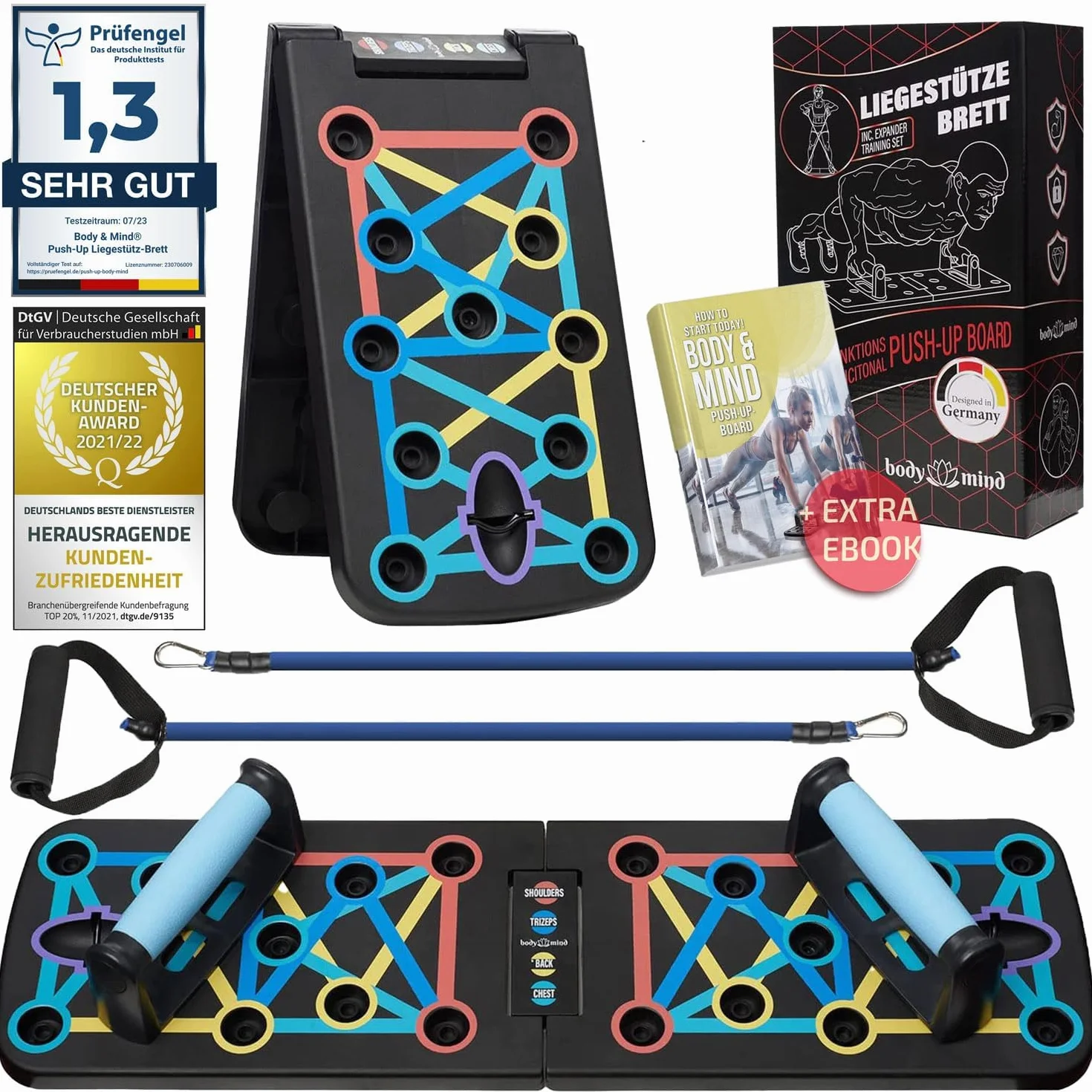Body & Mind® Deska do pompek; składana, wielofunkcyjna deska Elite Rack Fitness Board do ćwiczeń całego ciała i efektywnych pompek; uchwyty do pompek z darmowymi paskami treningowymi