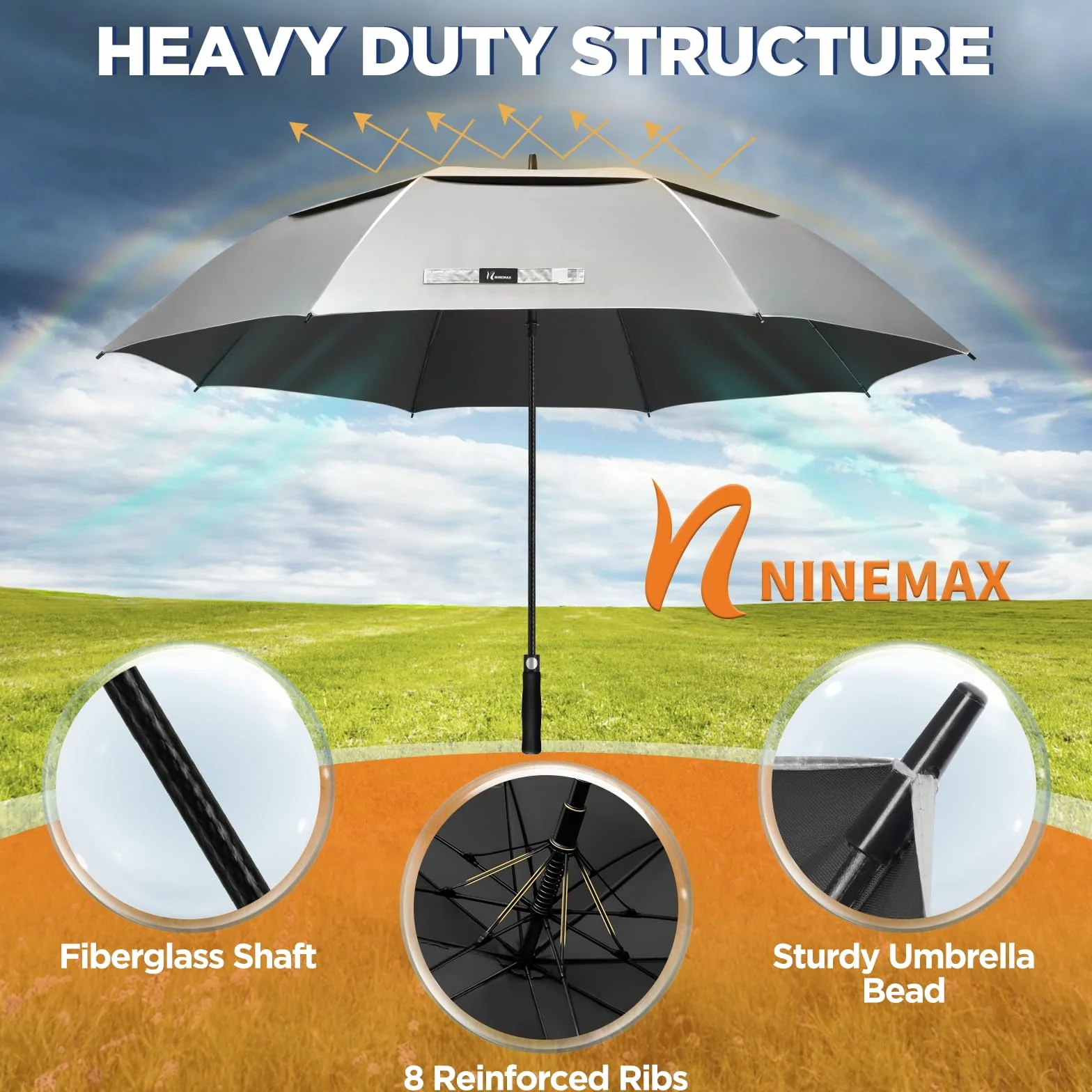 NINEMAX Duży parasol golfowy UV 130/54/162/168 cm, ochrona przed promieniowaniem UV, automatyczne otwierane parasole golfowe, wiatroszczelny, mocny, podwójny baldachim dla kobiet mężczyzn
