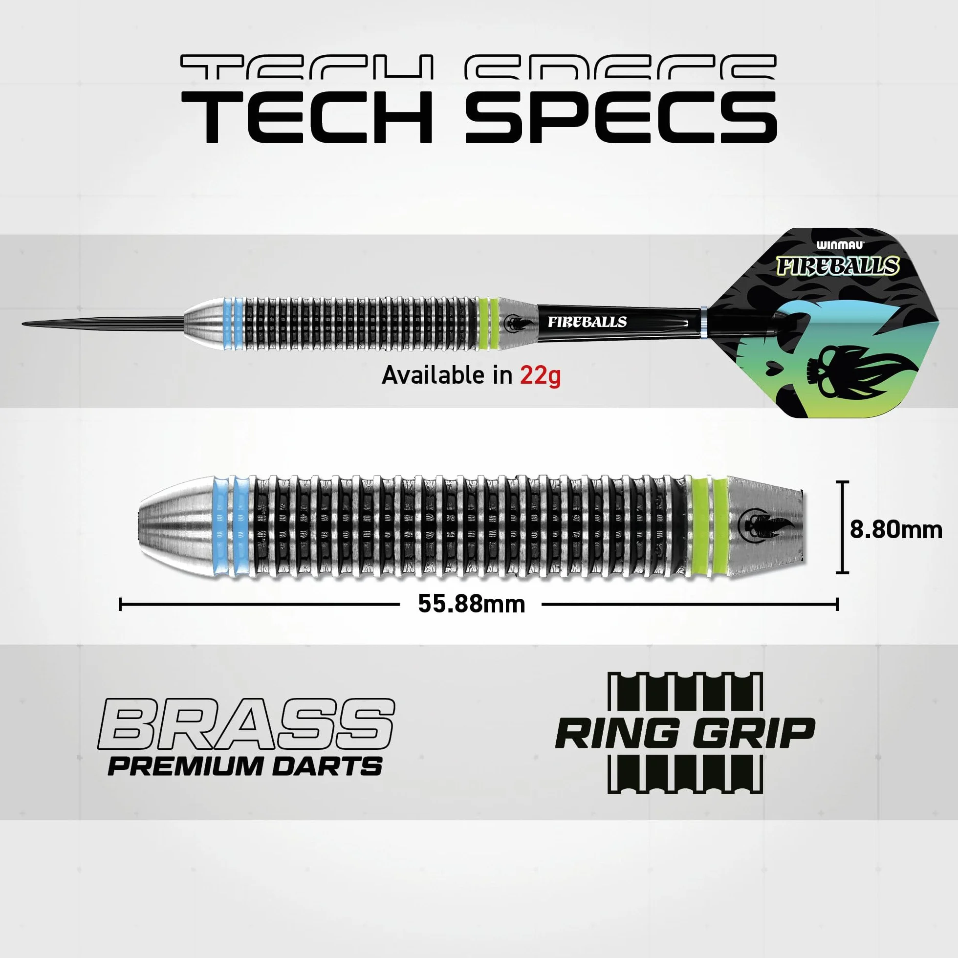 WINMAU Darts Fireball 22g Mosiężny Zestaw Rzutek ze stalowymi końcówkami, lotkami i trzonkami (szaftami) w tym portfel na rzutki