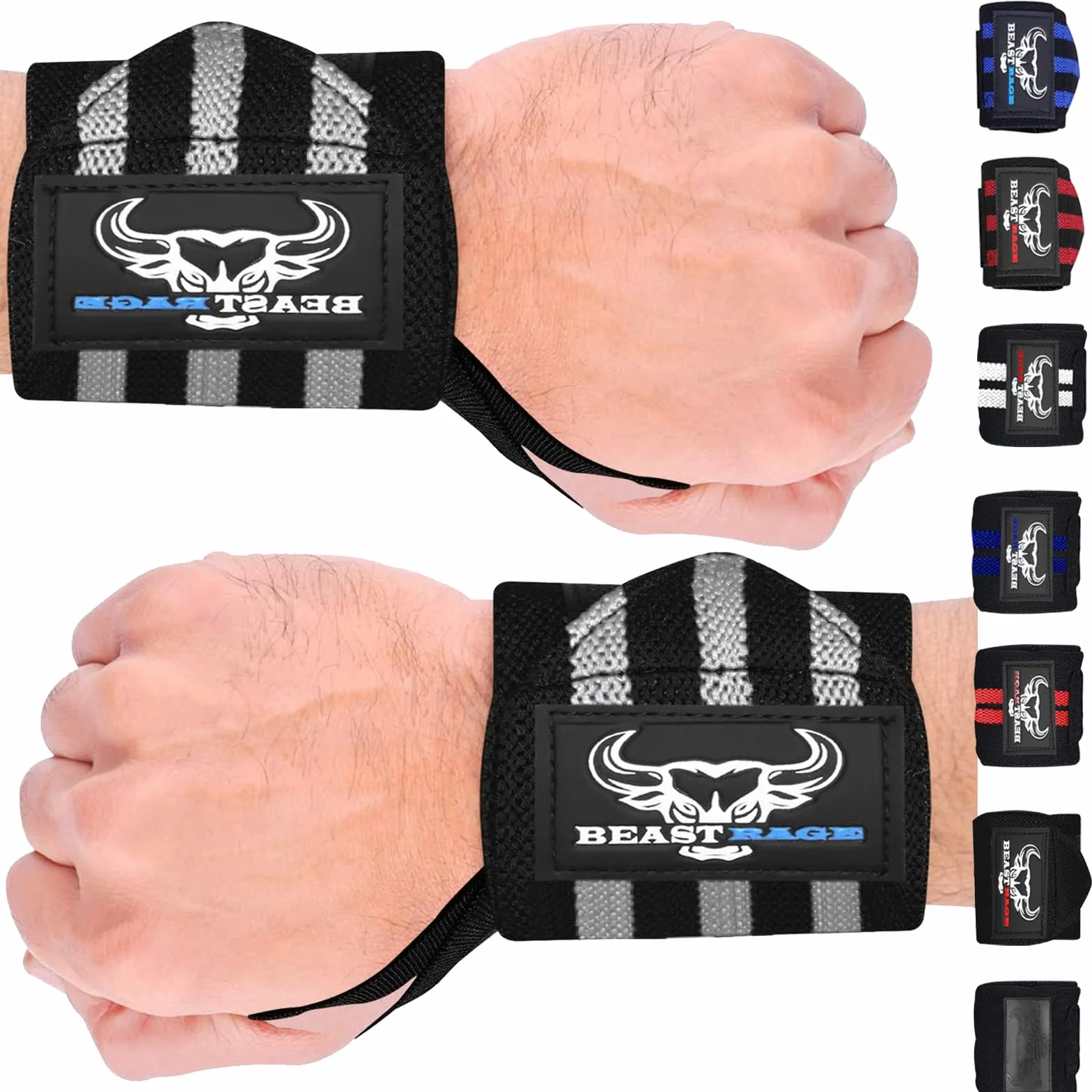 BEAST RAGE Opaski na nadgarstki do podnoszenia ciężarów, trening siłowy mięśni, trening fitness, rozciągliwy bawełniany pasek na kciuk (UX3, BLACK/GREY)