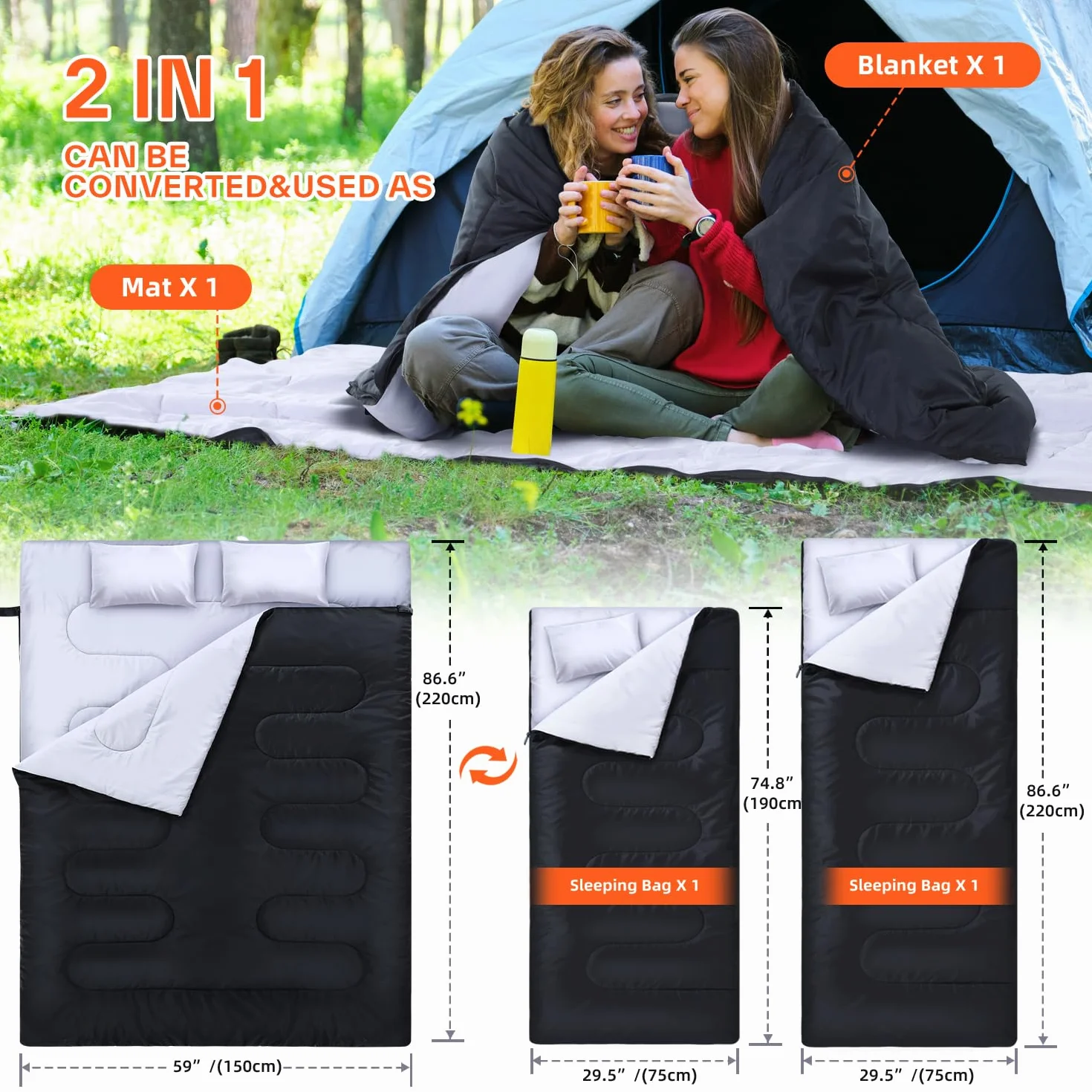Ohuhu Podwójny Śpiwór 3,5 kg 220x150 cm -5°C Kemping Czarny