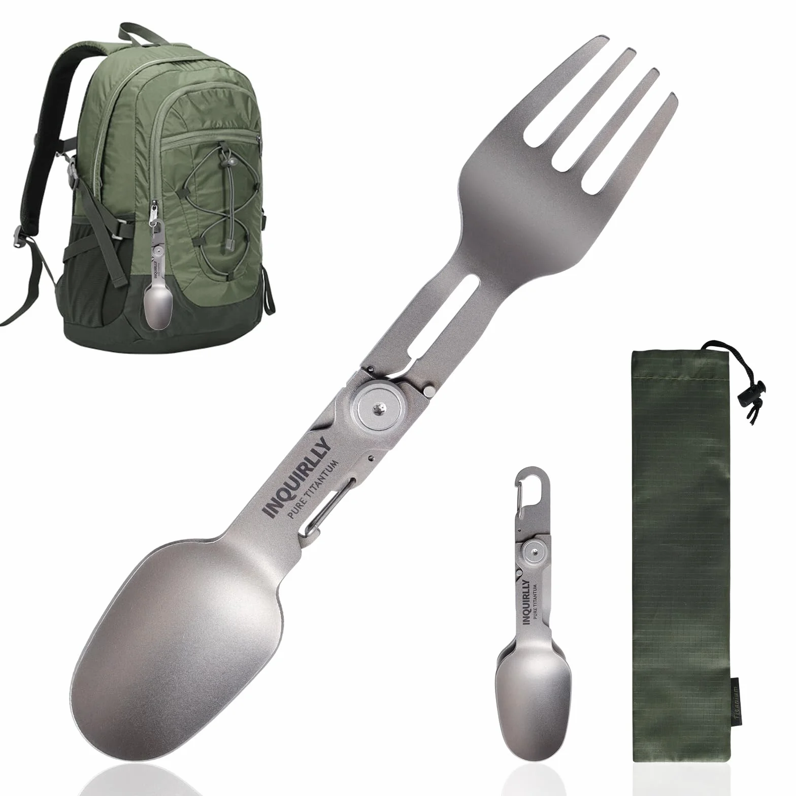 Sztućce kempingowe 2 w 1, składana łyżka, widelec z tytanu, sztućce outdoorowe, na kemping, wędrówki, lekkie, trwałe sztućce kempingowe, zestaw sztućców wielofunkcyjnych, składane sztućce o