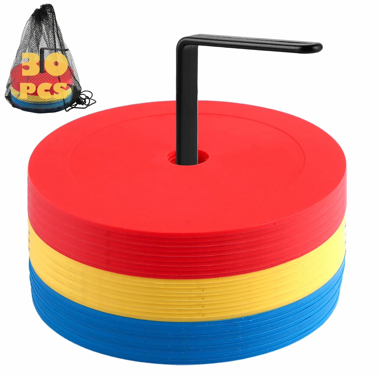 Zestaw 32 czapek do oznaczania piłki nożnej 15 cm, 3 kolory, z uchwytem na organizery i kieszenią z siatki, okrągłe czapki treningowe, stożki treningowe do piłki nożnej i lekkoatletyki