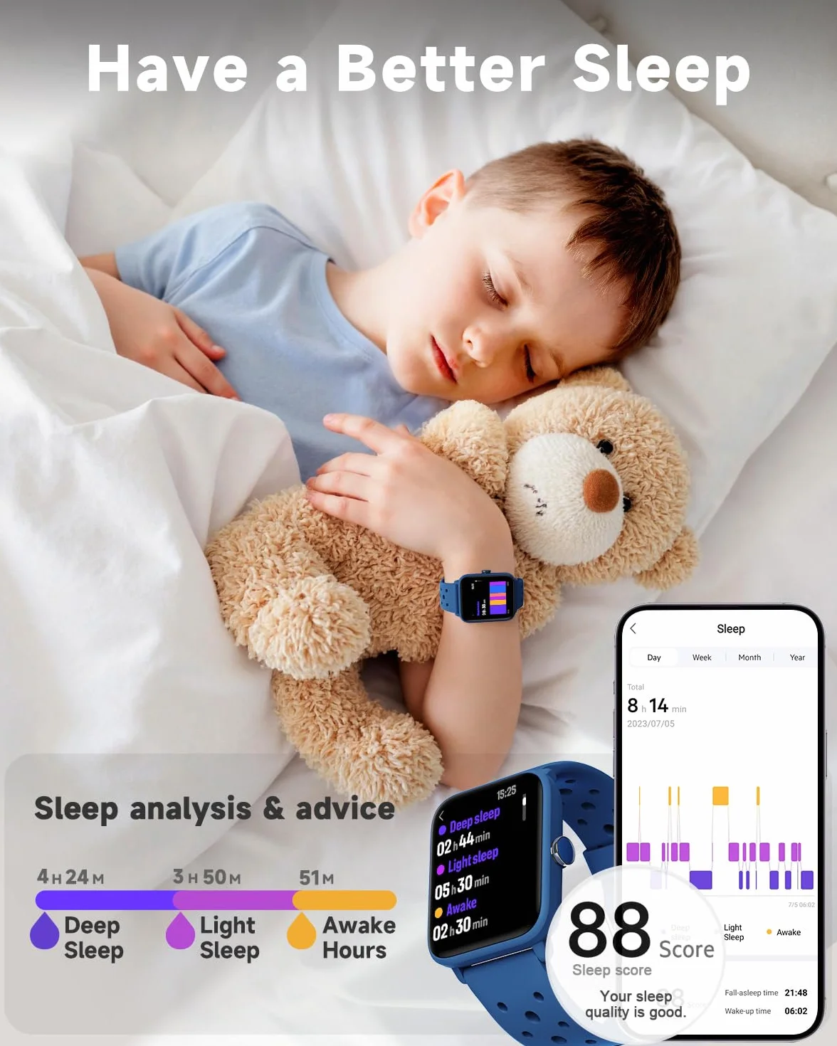 BIGGERFIVE Inteligentny zegarek dla dzieci bez aplikacji, zegarek fitness tracker, krokomierz, tętno, wodoodporność 5 ATM, monitor snu, licznik kroków kalorii, gry, budzik dla chłopców i dziewcząt w