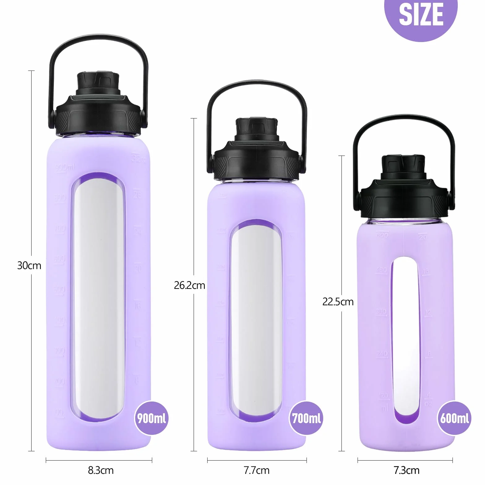 BLUEGO Szklana butelka na wodę 700 ml ze słomką i 2 pokrywkami, szklany kubek do kawy ze znacznikiem czasu i silikonowym ochraniaczem, szklany kubek do napojów, napojów gazowanych, coli, bez BPA