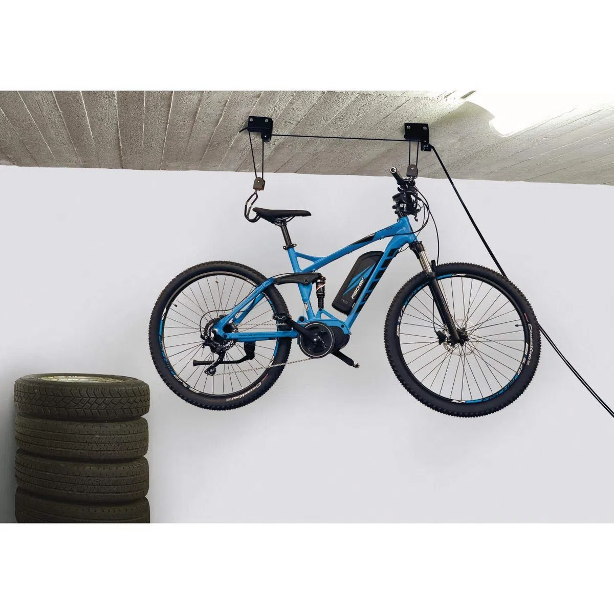Fischer Profi Plus 50387 Uchwyt Sufitowy do Rowerów, Czarny/Nieieski, Nośność 57 kg