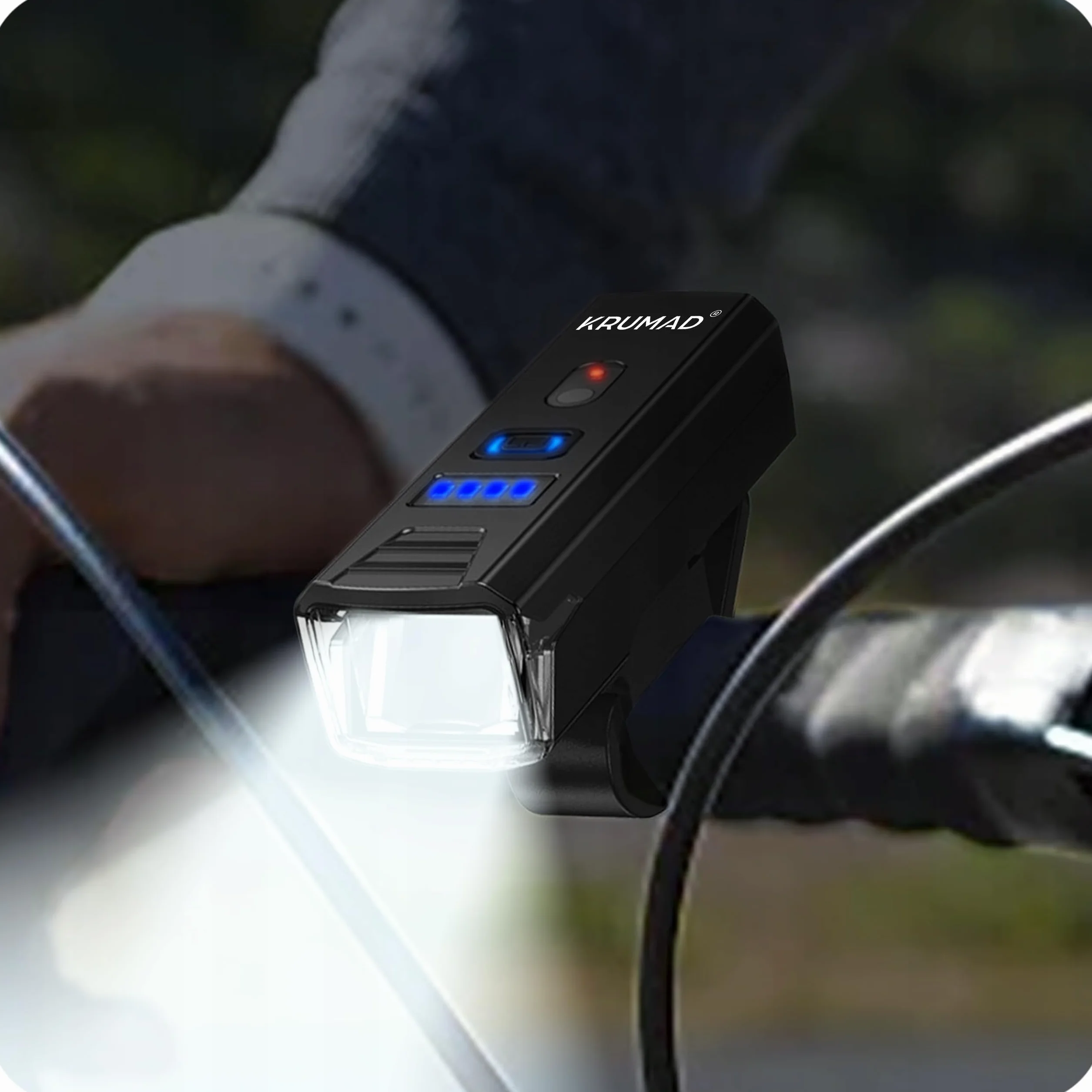 KRUMAD Lampka rowerowa LED, 5 trybów świecenia z czujnikiem zmierzchu, USB-C akumulator, wodoodporna IPX4, przednie światło rowerowe do 200 m, akcesoria rowerowe, kolor czarny